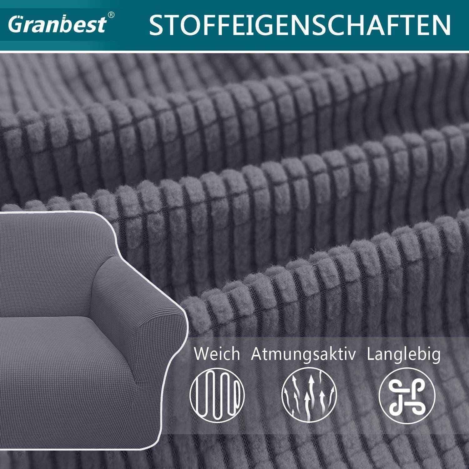 Blau-graue strukturierte Stoff mit Symbolen, die ‚weich', ‚atmungsaktiv' und ‚strapazierfähig' anzeigen. Text liest sich ‚Granbest' und ‚STOFFEIGENSCHAFTEN'.