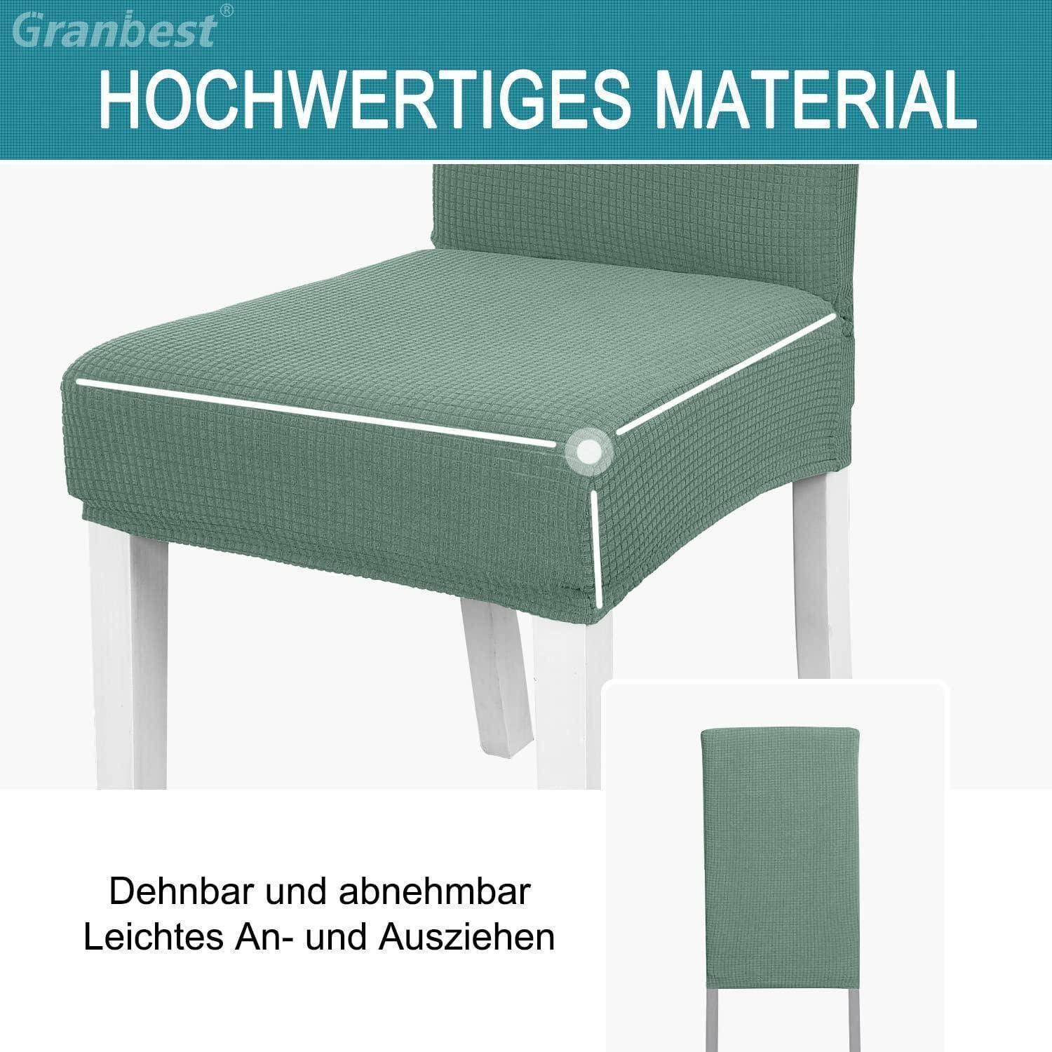 Grüne Stuhlhülle aus strukturiertem Stoff mit weißer Paspel, die präzise auf einen Stuhl passt. Text auf Deutsch betont hochwertige Materialien.