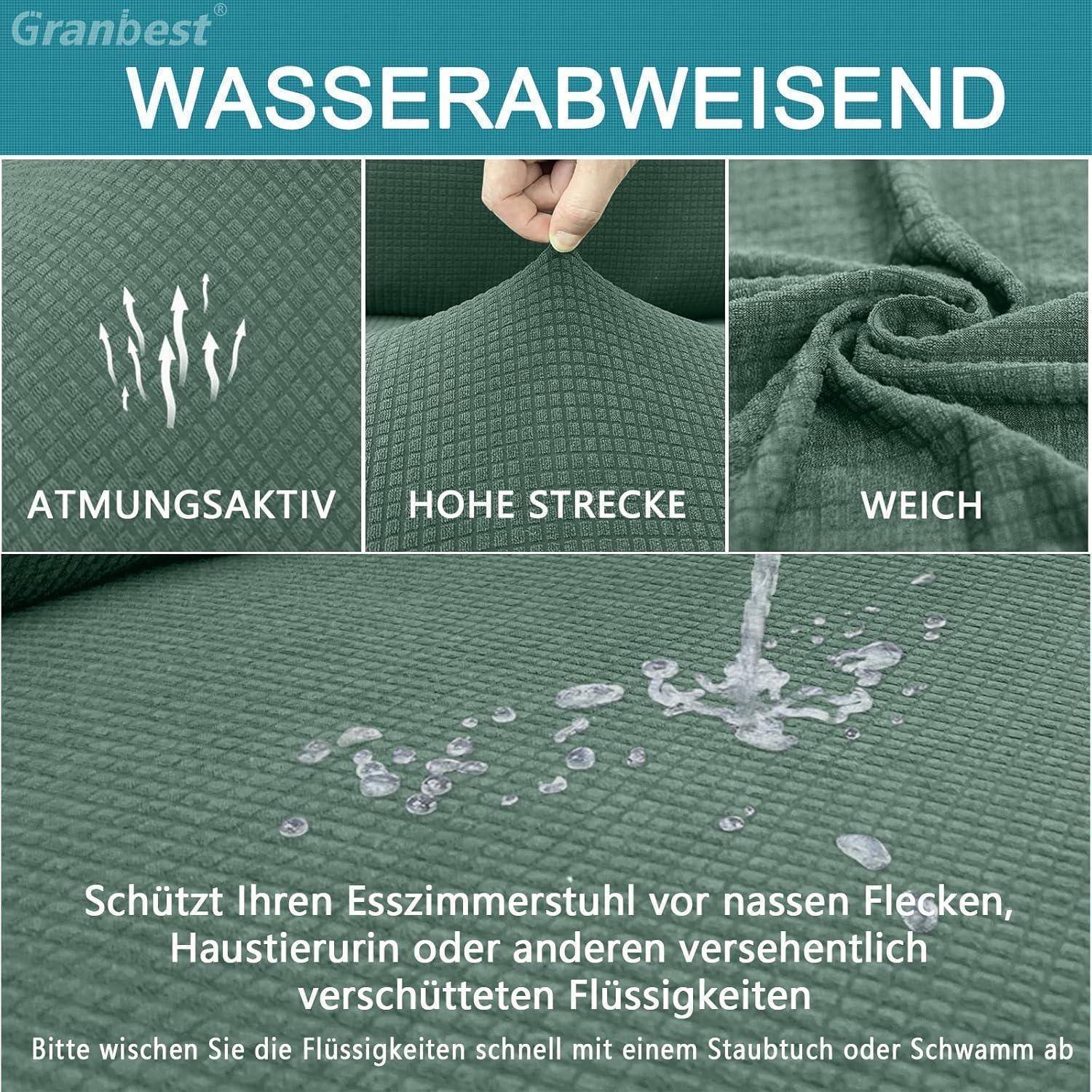 Grüner Stoff mit Tropfen, die Wasserabweisendheit demonstrieren. Text hebt Eigenschaften hervor: 'Atmungsaktiv', 'Hohe Elastizität' und 'Weich'.