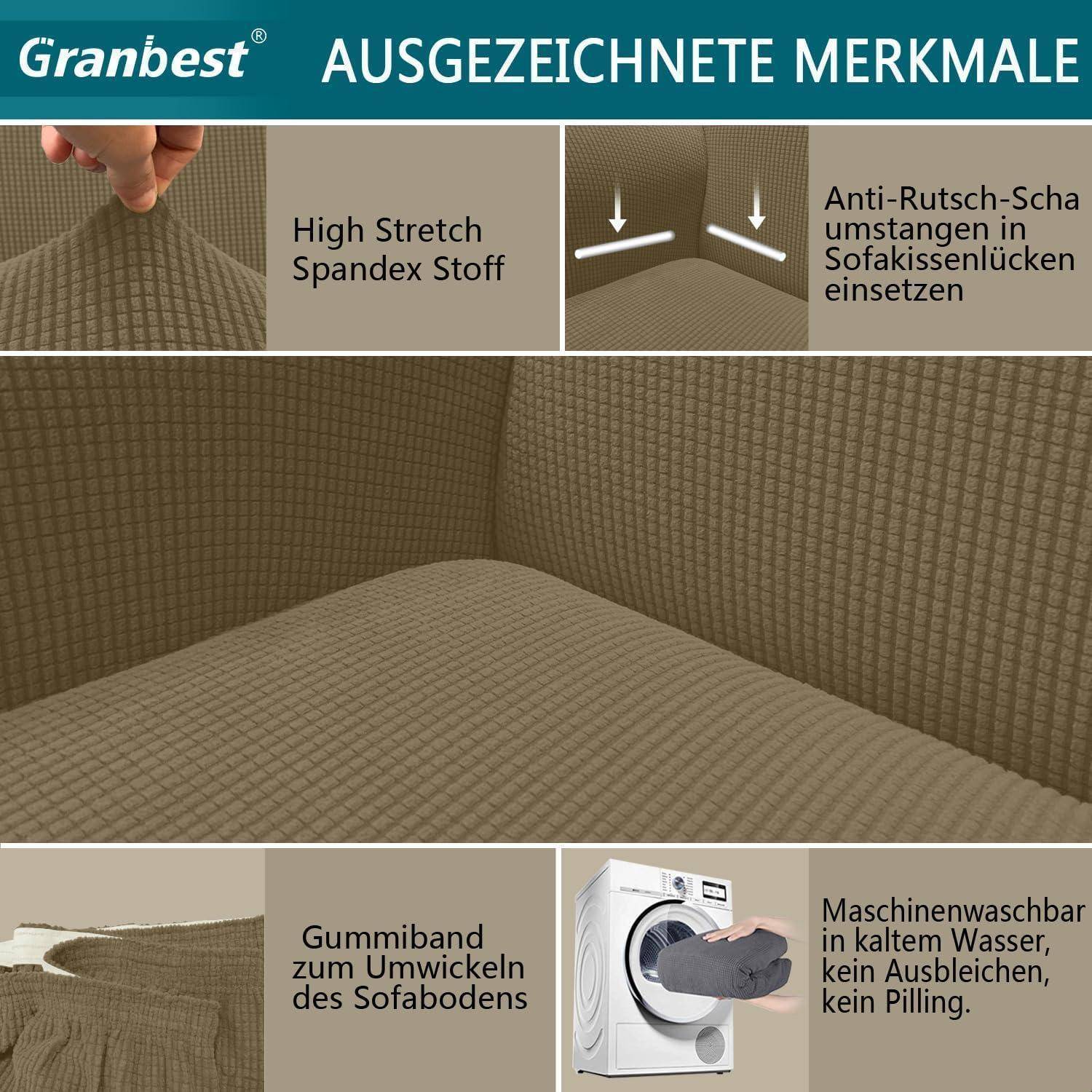 Das Bild zeigt einen dehnbaren Sofabezug mit rutschhemmenden Eigenschaften für Sofa-Kissen, einer Stoffkante für sicheres Einwickeln und maschineller Waschbarkeit.