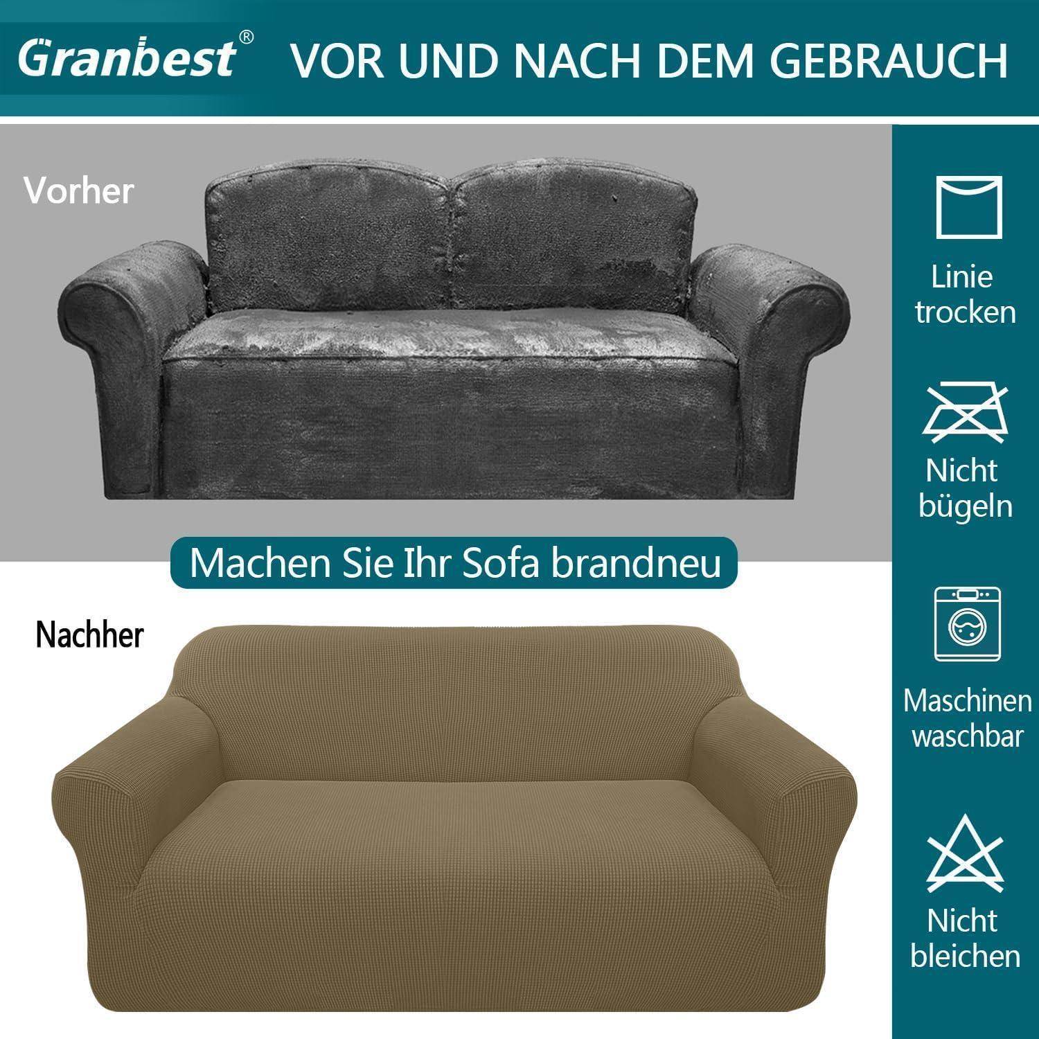 Bild zeigt eine Couch vor und nach der Verwendung der Granbest-Husse. Vorher: abgenutzte dunkle Couch. Nachher: aufgefrischte beige Couch. Texthinweise zur Pflege: Lufttrocknen, nicht bügeln, maschinenwäschetauglich.