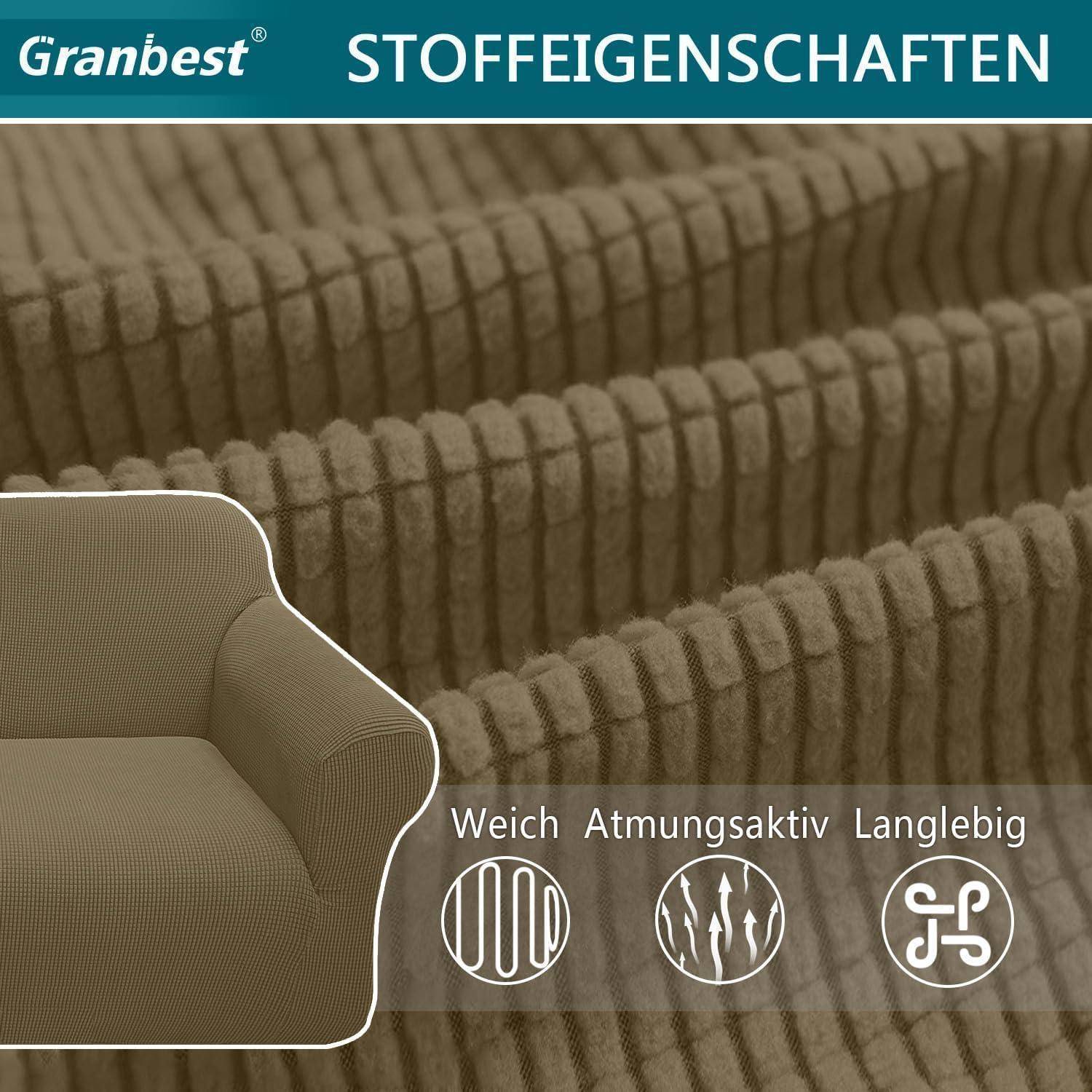 Nahaufnahme von strukturiertem, braunem Stoff mit Symbolen für Weichheit, Atmungsaktivität und Strapazierfähigkeit, überlagert von dem Text 'STOFFEIGENSCHAFTEN'.
