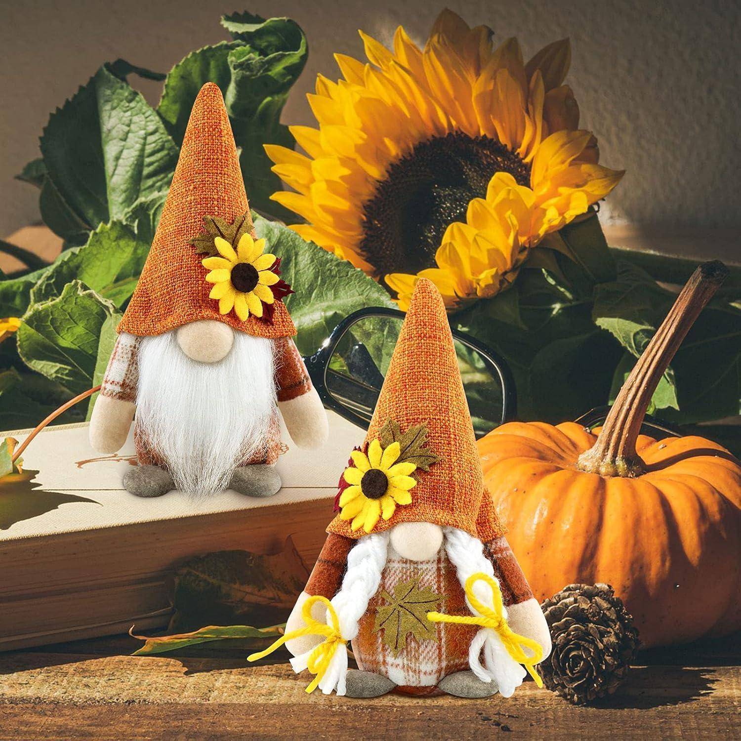 Zwei Gartenzwergfiguren mit Sonnenblumenhüten sind von einer Sonnenblume, einem Kürbis und Blattwerk auf einer Holzoberfläche umgeben und erzeugen eine Herbststimmung.