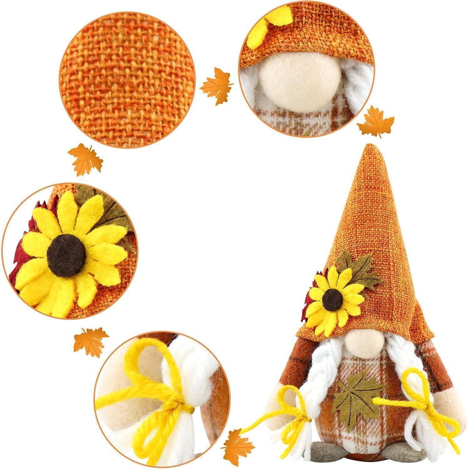 Ein herbstlicher Gartenzwerg mit strukturierter orangefarbener Mütze, Sonnenblumendetail, weißem Bart und gelber Schleife. Umgeben von Nahaufnahmen von Stoff- und Designelementen.