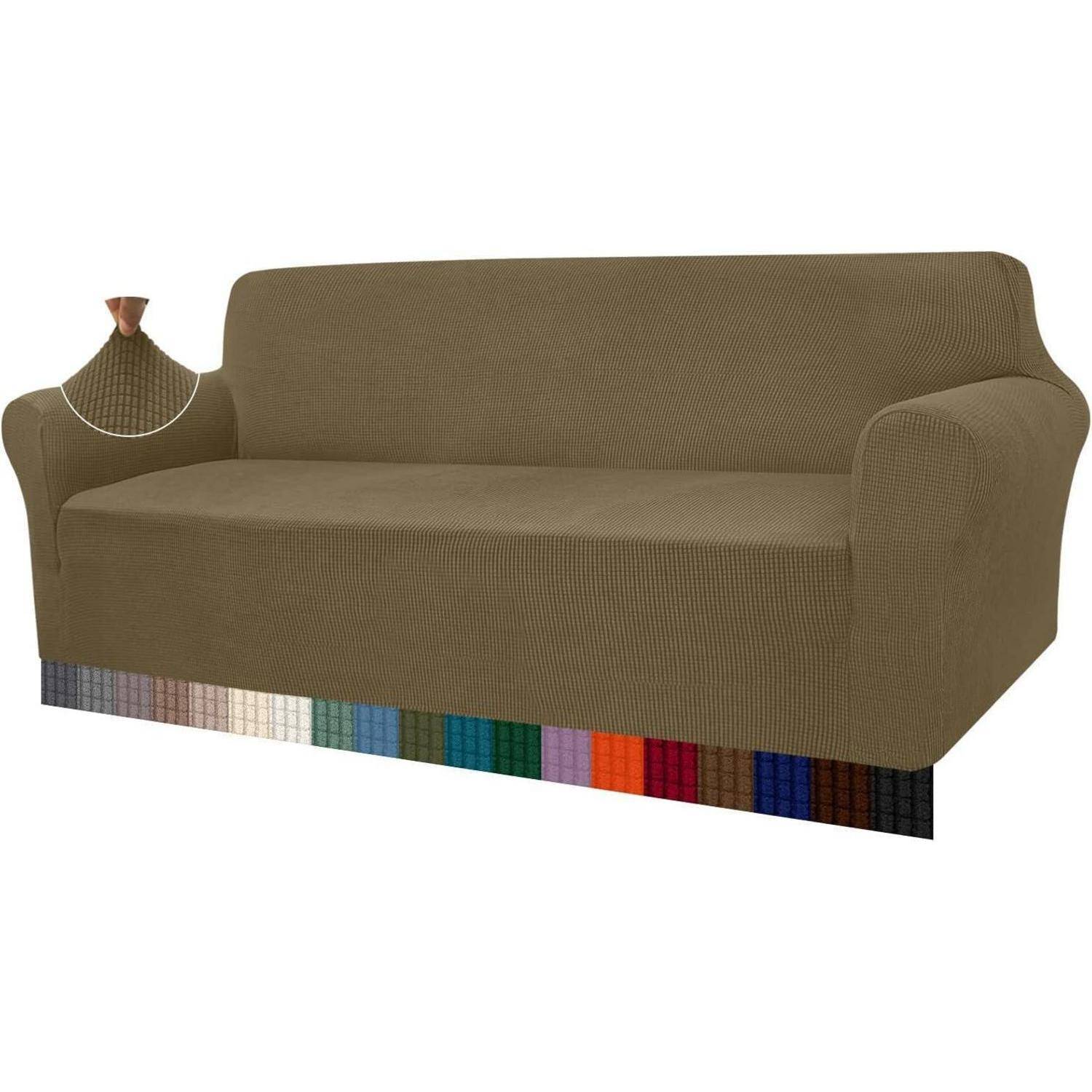 Braunes Sofa mit passgenauer Husse, versehen mit einem strukturierten Muster. Darunter mehrere Farbmuster, die die verfügbaren Stoffoptionen veranschaulichen.
