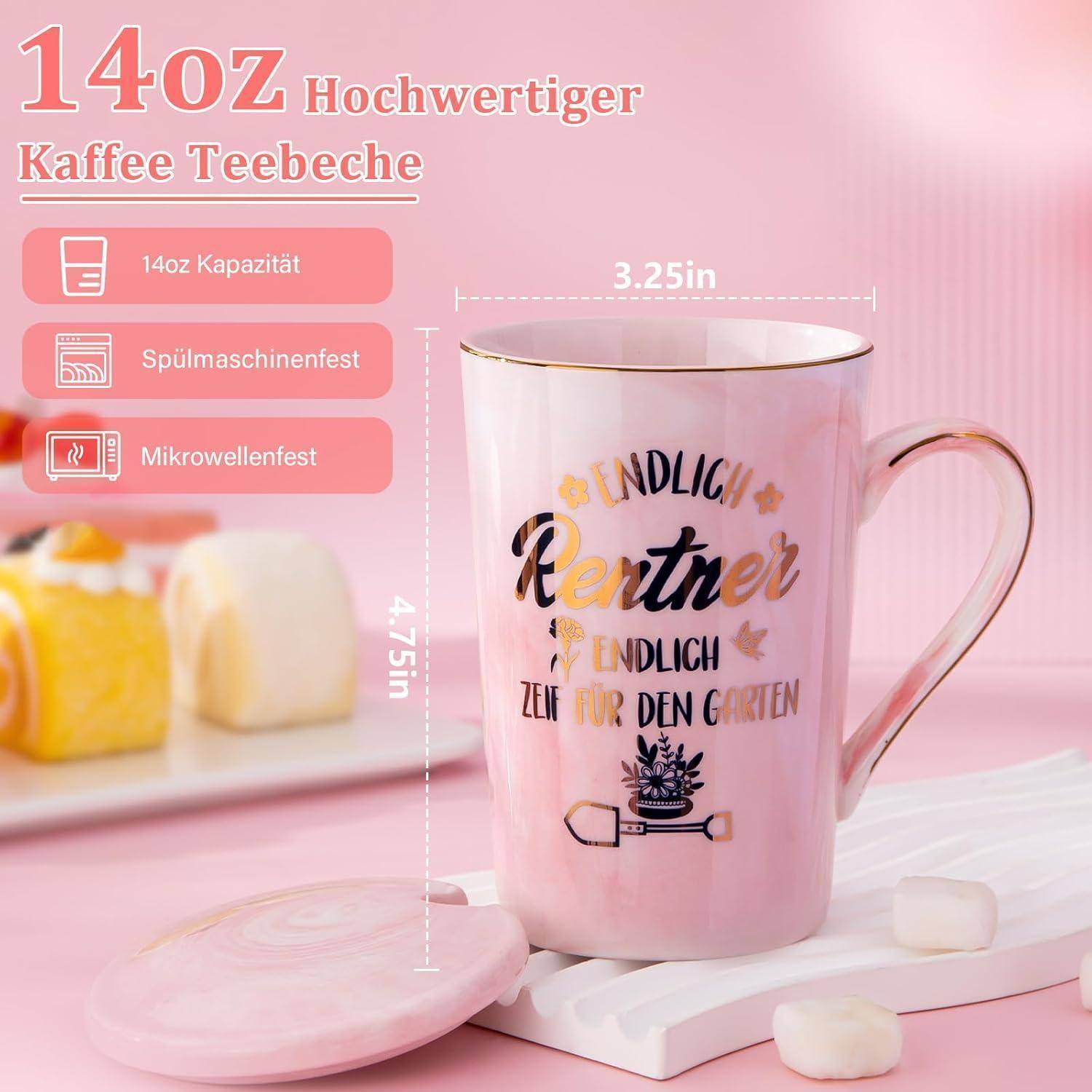 Tasse mit Goldschrift: Endlich Rentner - Endlich Zeit für den Garten, rosa mit Deckel. Eigenschaften: 414 ml, mikrowellen- und spülmaschinenfest.