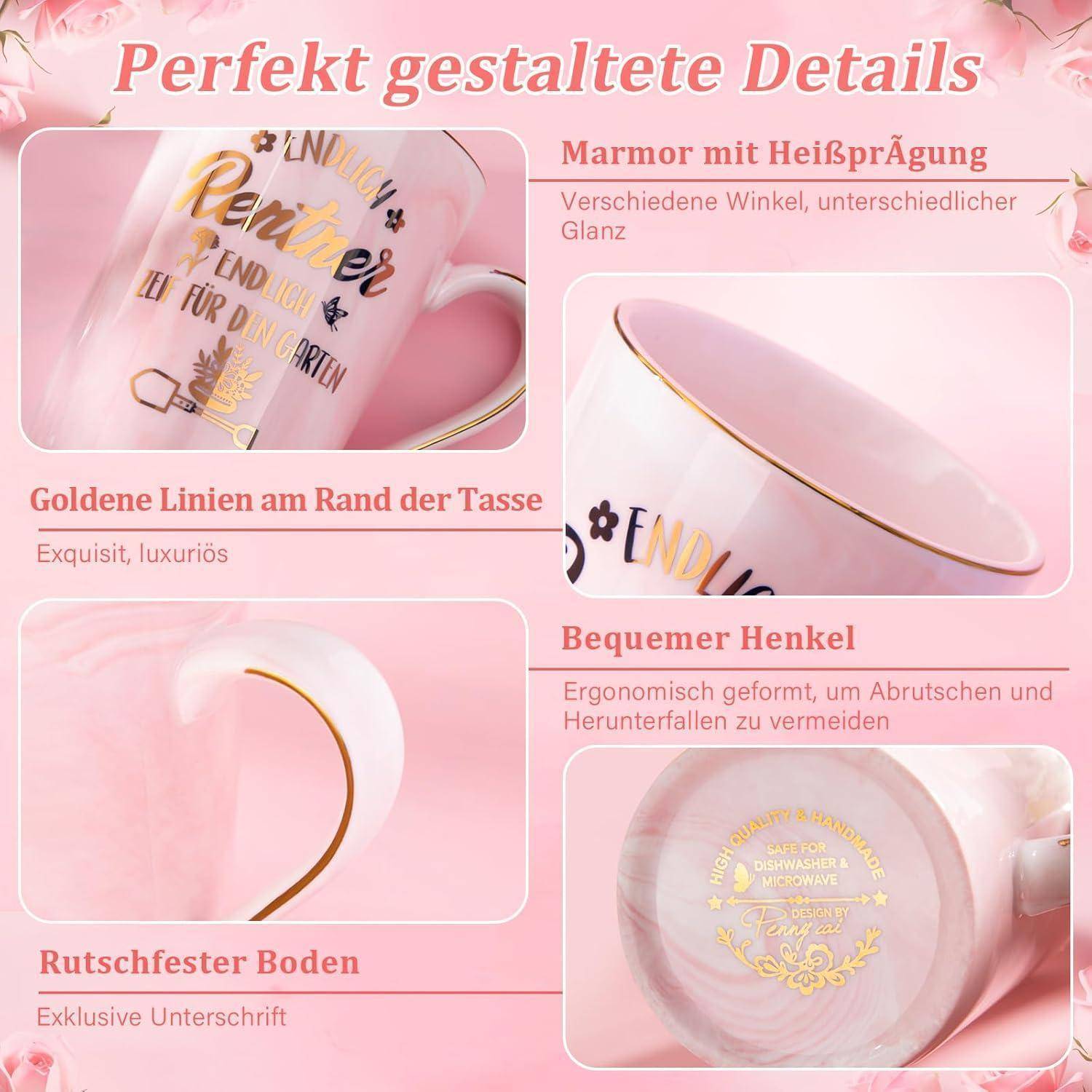Aesthetic Details' präsentiert eine rosa Tasse mit goldenen Akzenten und floralen Motiven. Zu den Merkmalen gehören eine geprägter Marmoroptik, ein ergonomischer Griff und eine rutschfeste Unterseite.