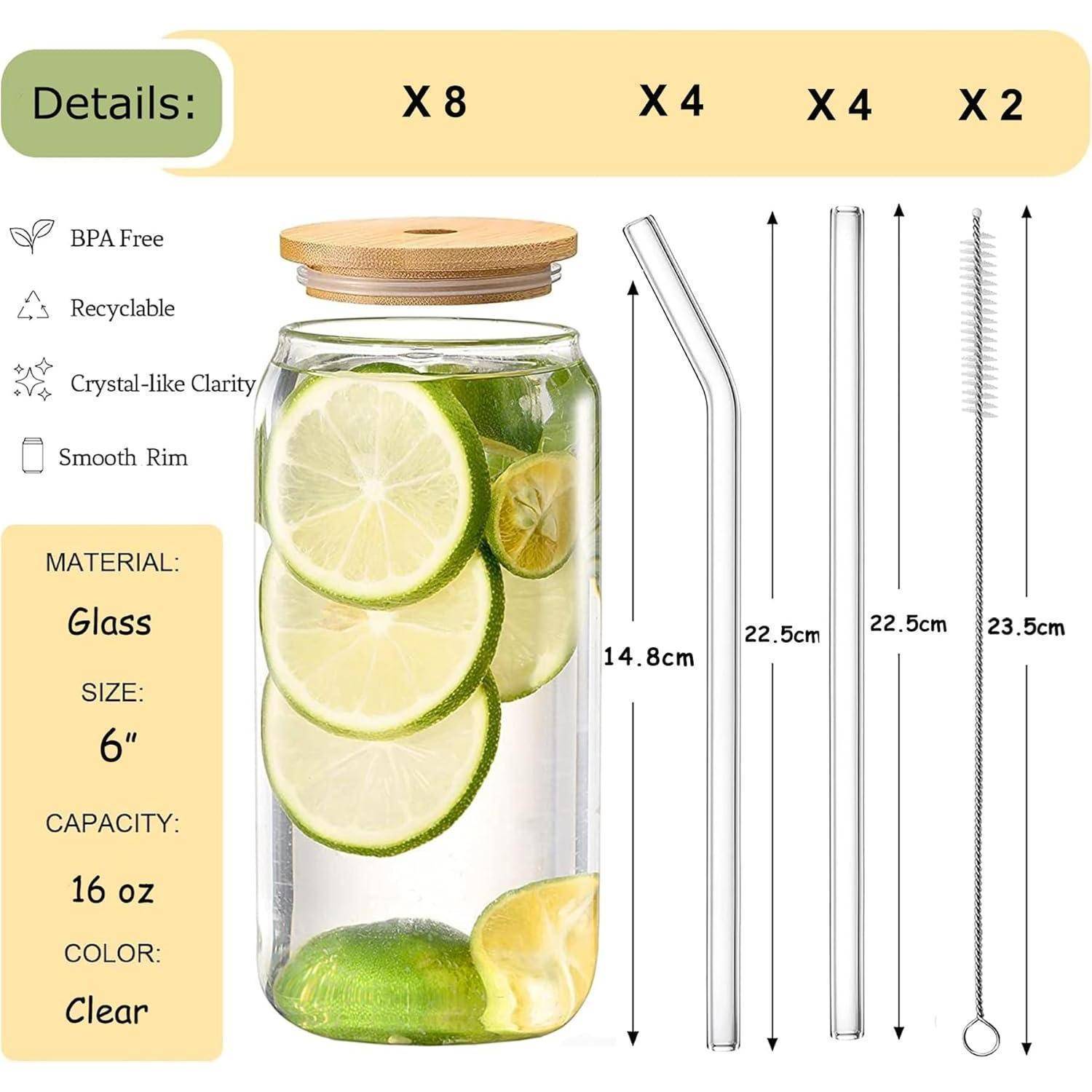 Glas mit in Scheiben geschnittenen Limetten und Flüssigkeit gefüllt, zusammen mit drei Glasstrohhalmen und einer Reinigungsbürste. Hervorgehoben sind die Eigenschaften 'BPA-frei' und 'Recycelbar'.