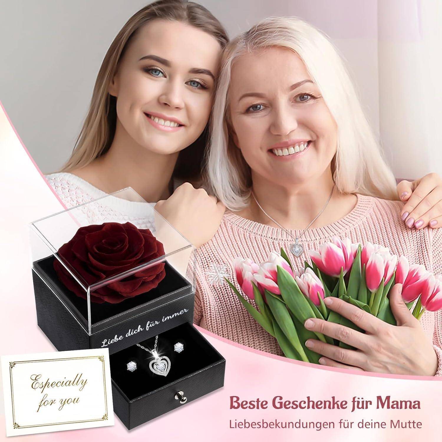 Eine Mutter und Tochter lächeln gemeinsam; die Mutter hält rosa Tulpen. Geschenkset enthält eine Rose in einer Box und eine Halskette. Text lautet 