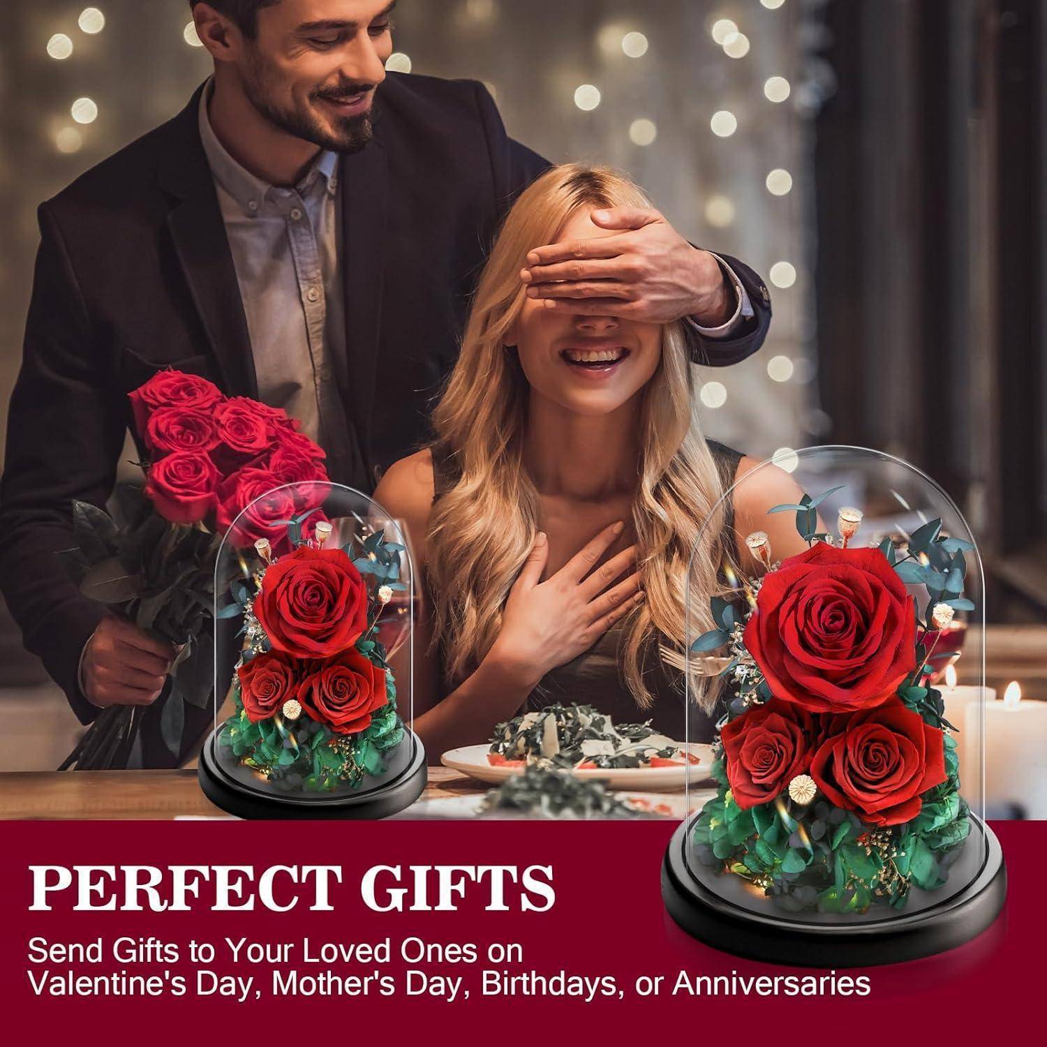 Ein Mann überreicht einer Frau mit bedeckten Augen eine in Glas eingefasste Rose. Text: ‚Perfekte Geschenke' für Valentinstag, Muttertag, Geburtstage, Jahrestage.