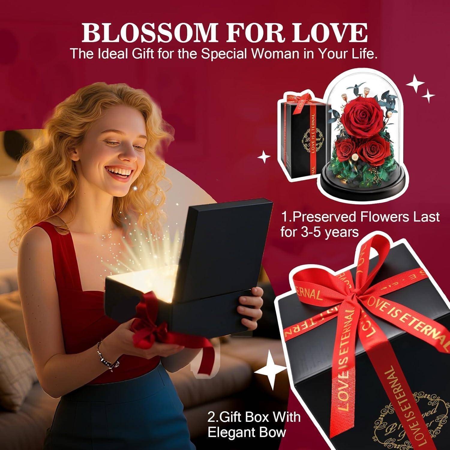 Frau lächelt und hält eine geöffnete Geschenkbox mit einem leuchtenden Licht im Inneren. Text lautet: 'Blossom for Love' mit haltbaren Rosen, die 3-5 Jahre halten.