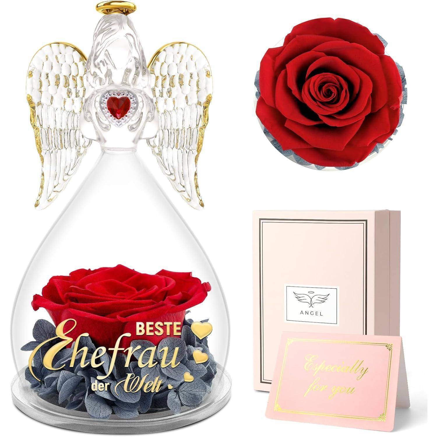 Glasengel-Figur mit der Aufschrift 'Beste Ehefrau der Welt', eine rote Rose haltend, neben einer Geschenkbox und einer Karte mit der Aufschrift 'Speziell für dich'.