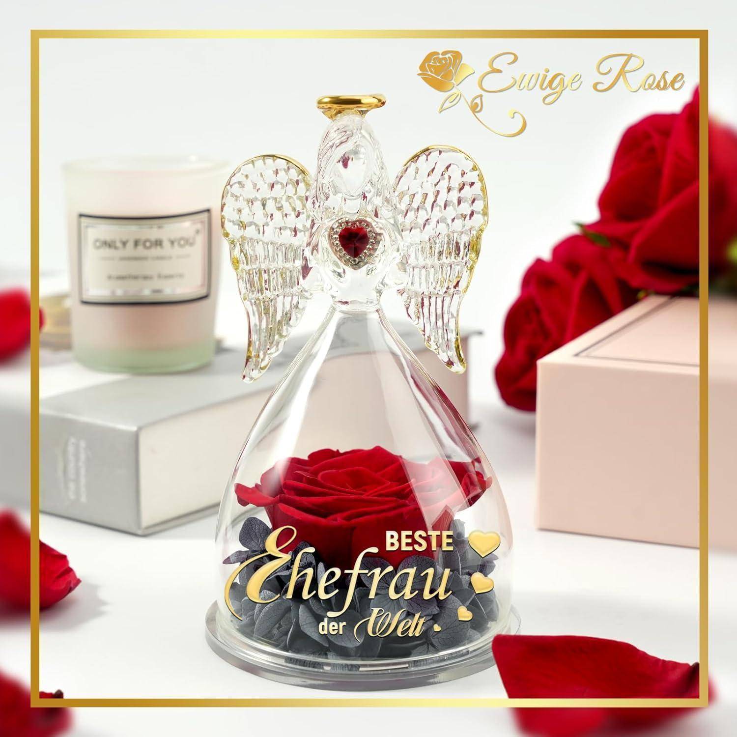 Glasengel-Ornament mit einer roten Rose im Inneren. Text auf der Rose lautet 'Beste Ehefrau der Welt
