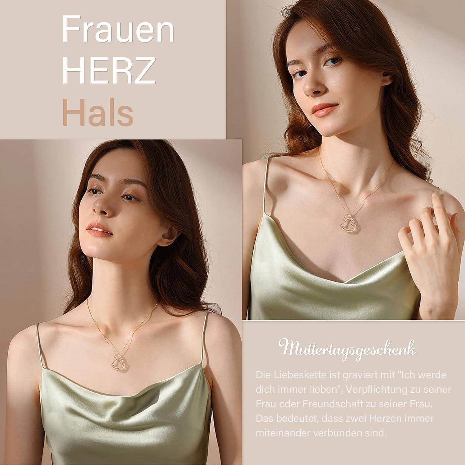 Eine Frau in einem grünen Seidenkleid präsentiert eine Halskette mit einem herzchenförmigen Anhänger. Der deutsche Text erörtert die Gravur und Bedeutung der Halskette.