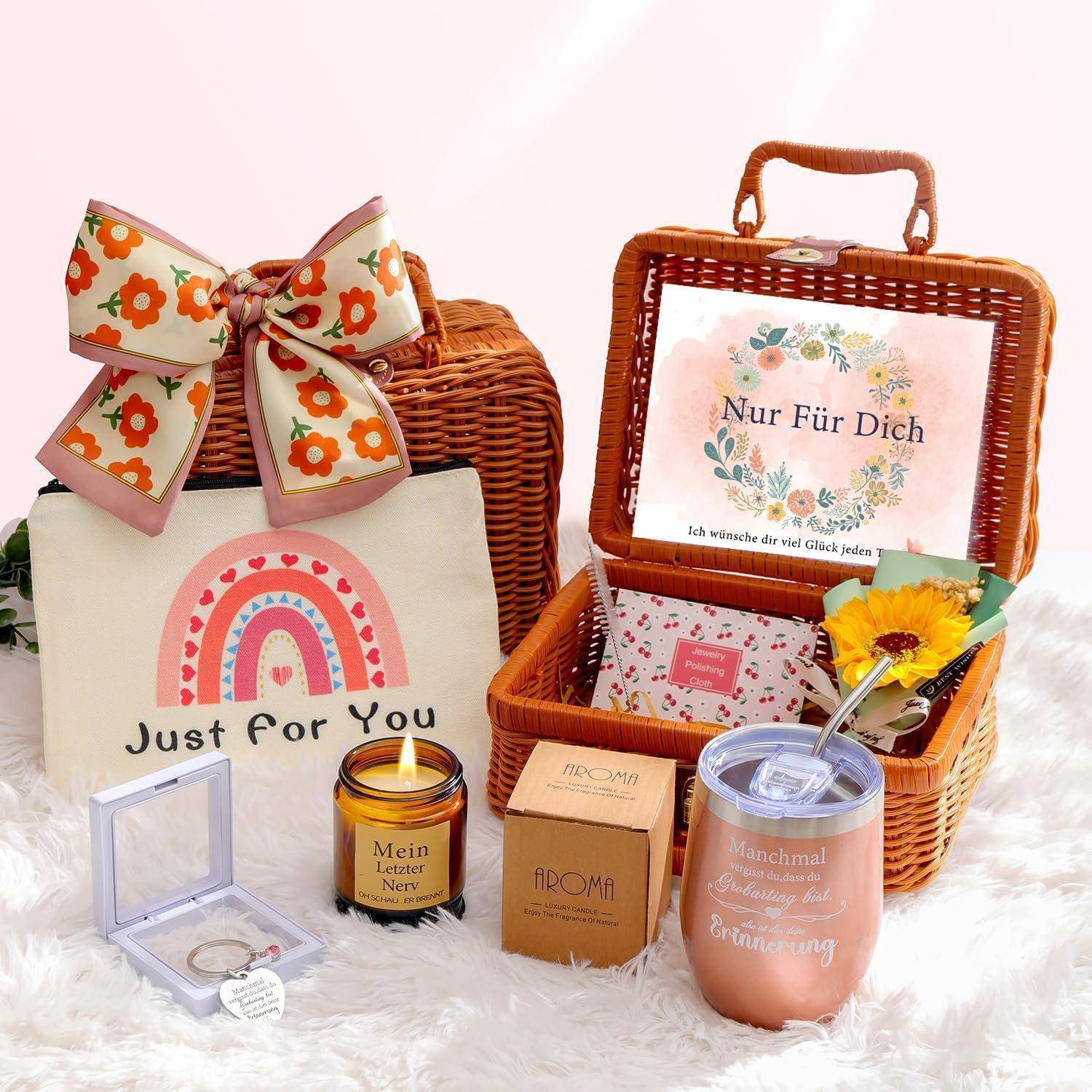 Ein Geschenkkorb mit einer Karte mit dem Text 