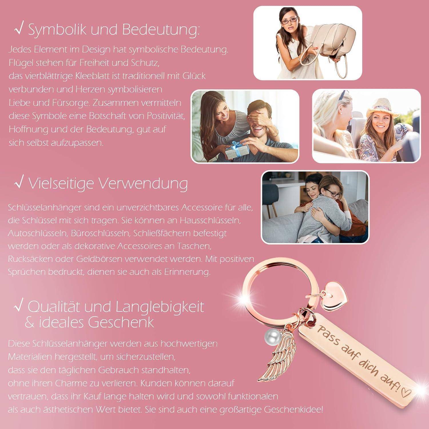 Ein rosa Flyer mit drei Abschnitten: symbolische Bedeutung von Accessoires, vielseitige Verwendung und Qualität. Enthält Bilder von Frauen und einen Schlüsselanhänger mit 'Pass auf dich auf'.