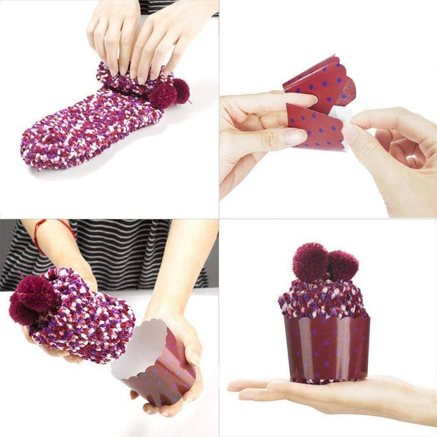 Vierschrittiger Prozess: Socken mit Pompons von Hand zusammenrollen, dekorative Verpackung auf Muffin-Förmchen platzieren, zusammengerollte Socken in das Förmchen einsetzen, wodurch ein kuchenähnliches Geschenk entsteht.