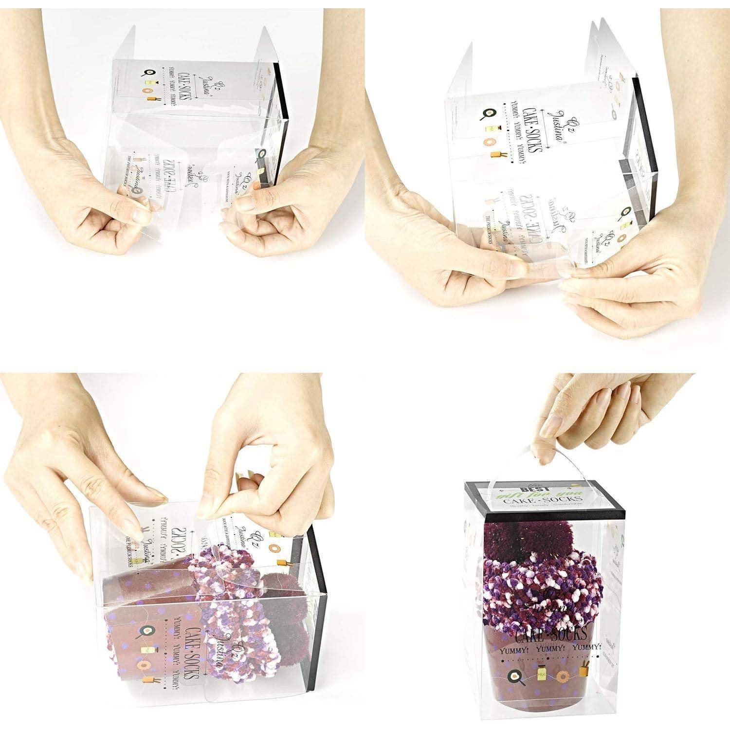 Hände demonstrieren das Auspacken eines transparenten Pakets, das ein lilafarbenes, pompon-ähnliches Produkt mit einer Blumenkarte enthält und dessen Zusammenbau präsentiert.
