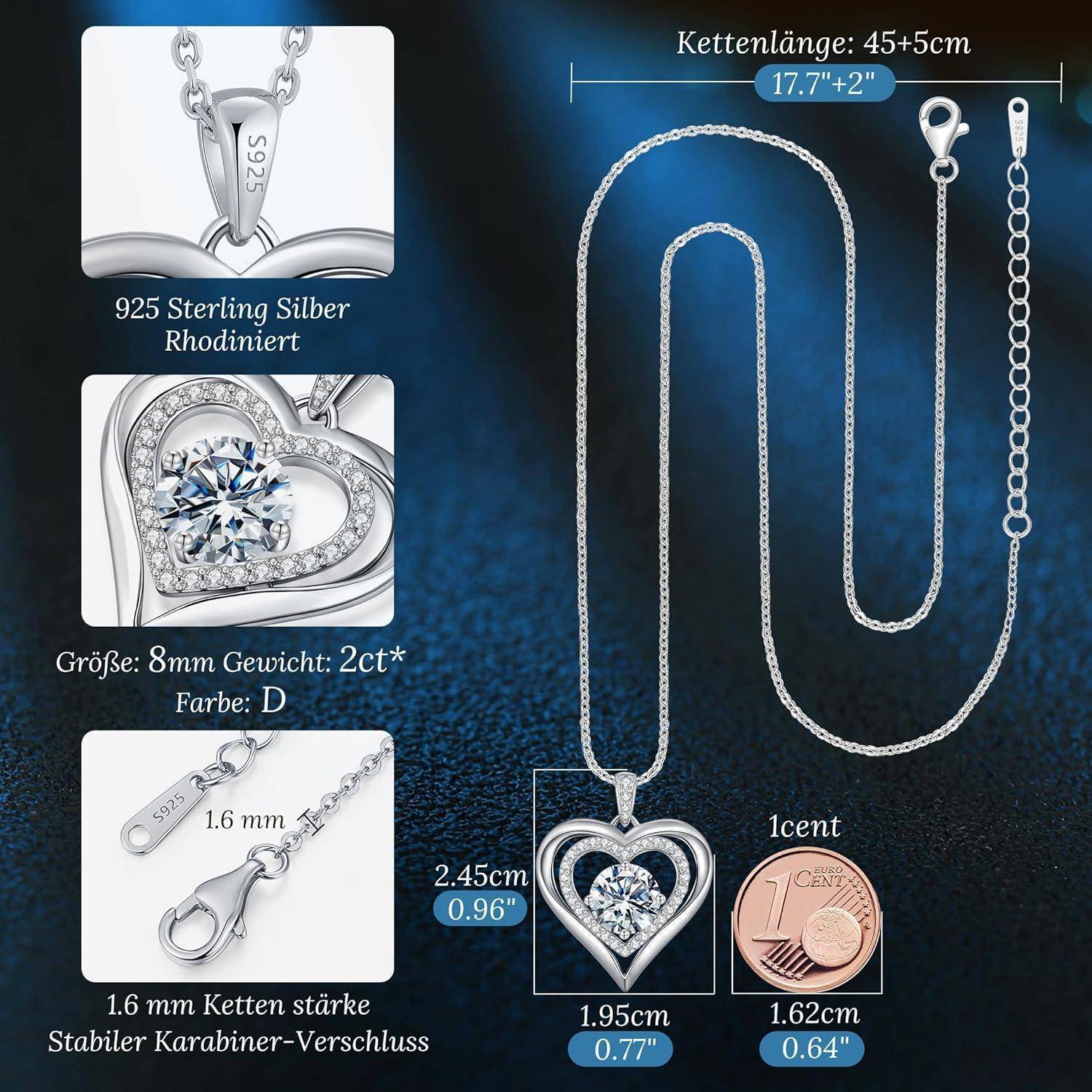 925 Sterlingsilber rhodiniert' Halskette mit herzförmigem Anhänger, 2 Karat Diamant und sicherem Verschluss. Kettenlänge: 45+5 cm (17,7