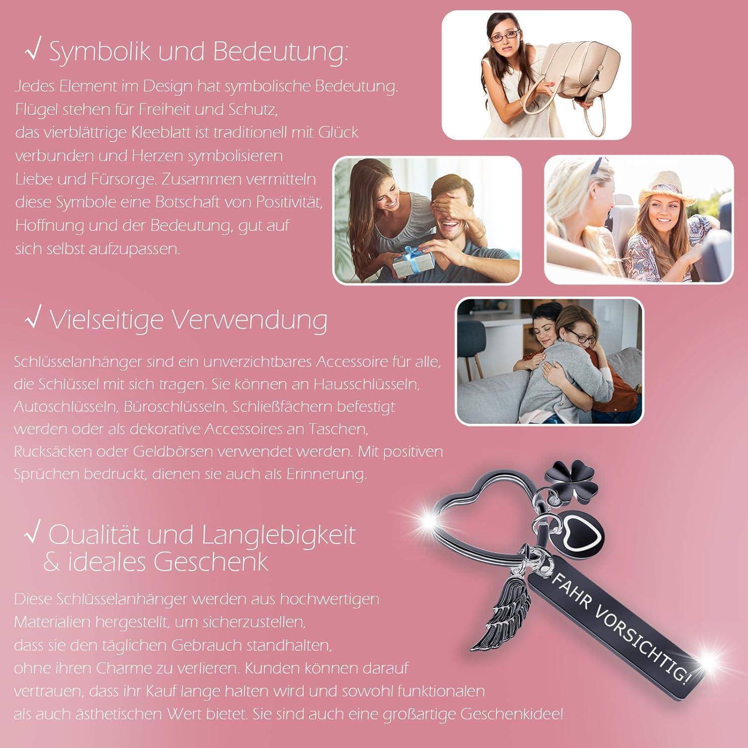 Eine Collage, die Menschen mit Schlüsselanhängern zeigt, begleitet von einem Text auf Deutsch über ihre Symbolik, vielseitige Verwendung und Qualität als Geschenke.