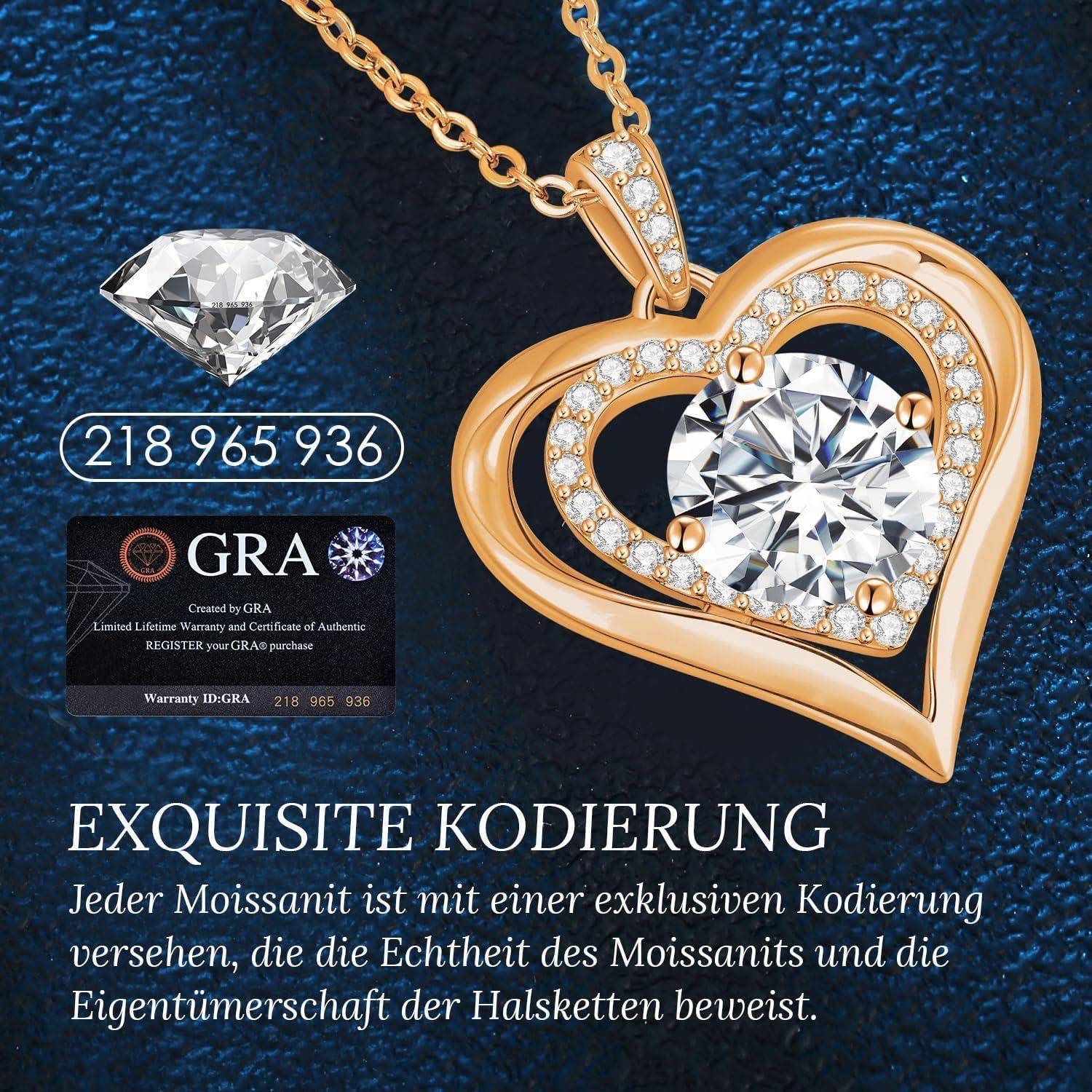 Eine goldene Herzhalskette mit einem großen Edelstein wird gezeigt, begleitet von einem Diamanten, einer Zertifizierungskarte und dem Text ‚Exquisite Kodierung.