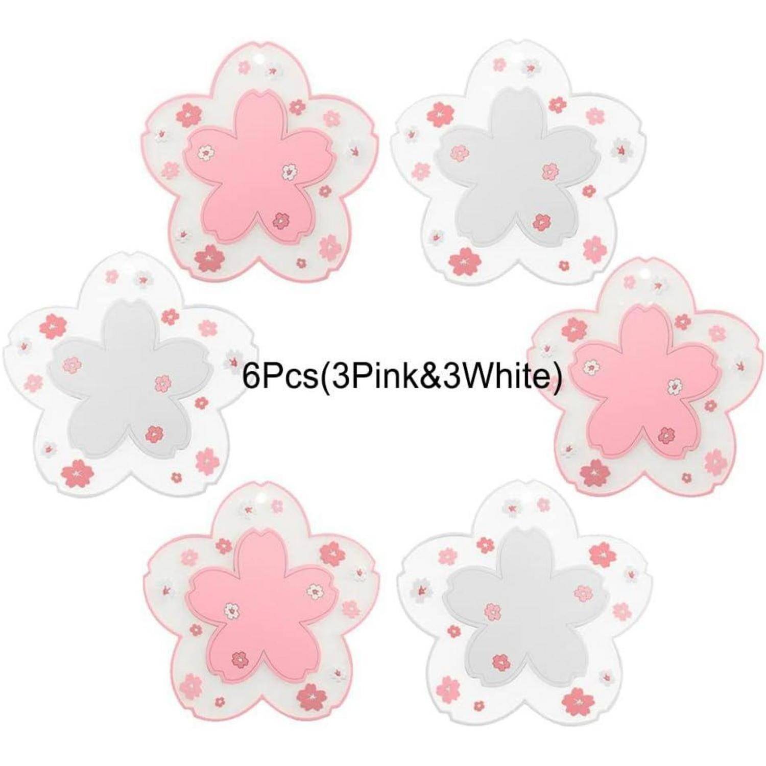 Sechs blumenförmige Wandhaken in Rosa und Weiß sind in zwei Reihen angeordnet. Der Text in der Mitte lautet '6Stk. (3 Rosa & 3 Weiß)