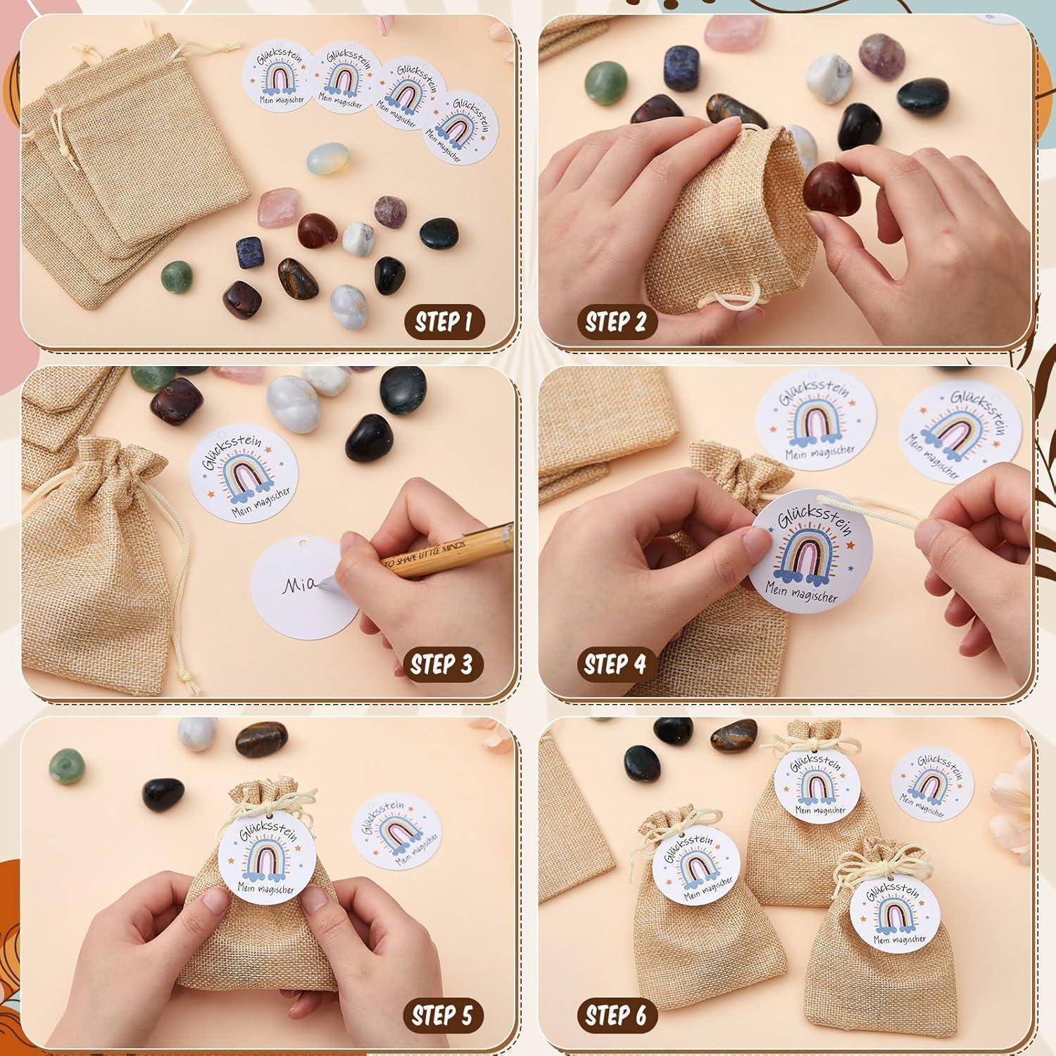 Sechsschritt-Anleitung zum Erstellen von Geschenktüten mit Steinen: Steine sammeln (Schritt 1), Jutesack füllen (Schritt 2), 'Geschenk der Natur' Karte hinzufügen (Schritt 3), Tasche versiegeln (Schritt 4), Karte an Tasche befestigen (Schritt 5), Tüten ausstellen (Schritt 6).