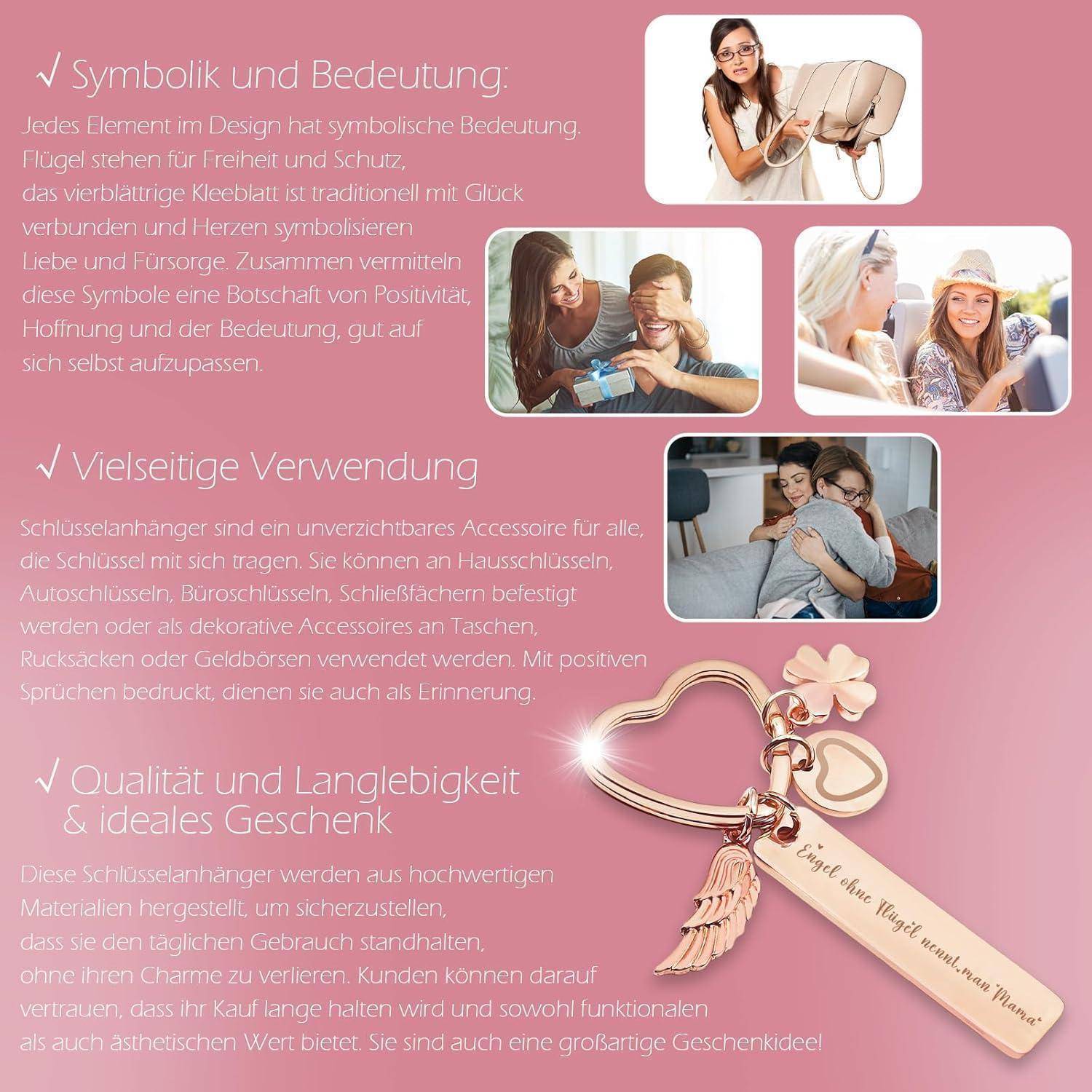 Schlüsselanhänger mit pinkfarbenem Band, Flügel, Herz und Gravur im Fokus. Symbole für Glück, Liebe, Freude präsentiert.
