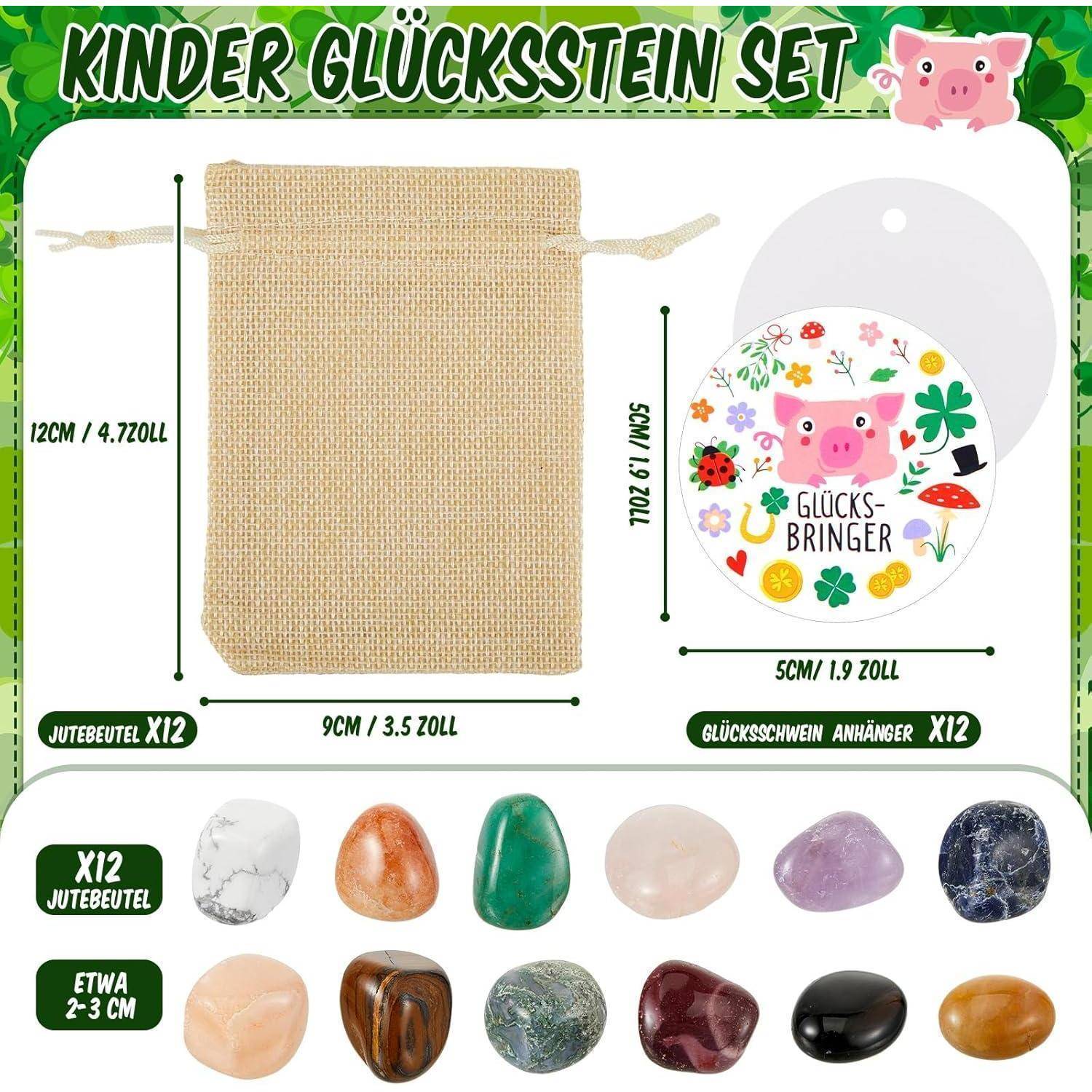 Das Bild zeigt ein Kinder-Glückssteinset, das eine kleine Jutesack, einen Glücksbringer-Schweinchen-Anhänger und 12 bunte Steine umfasst.