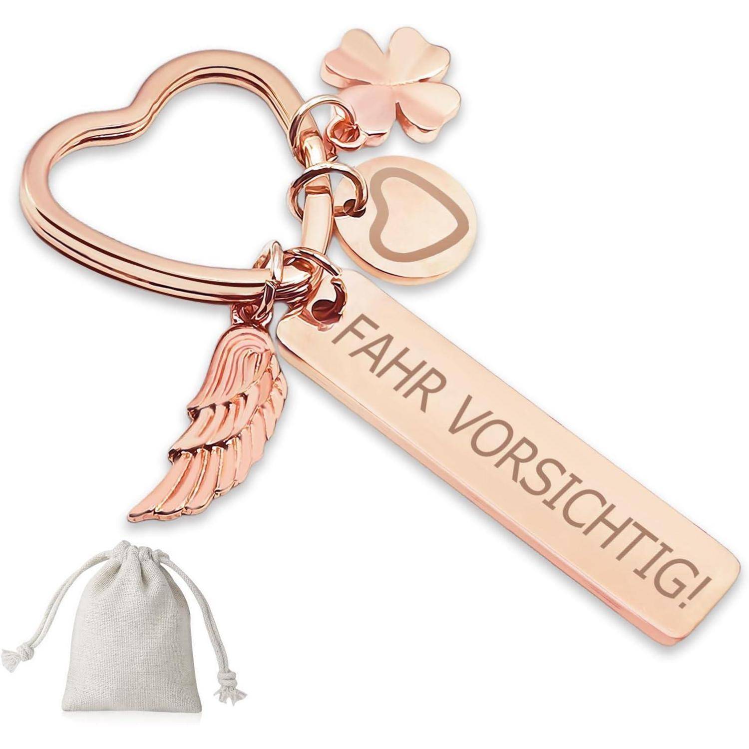 Schlüsselanhänger Herz Gravur Rosé-fahr Vorischtig!