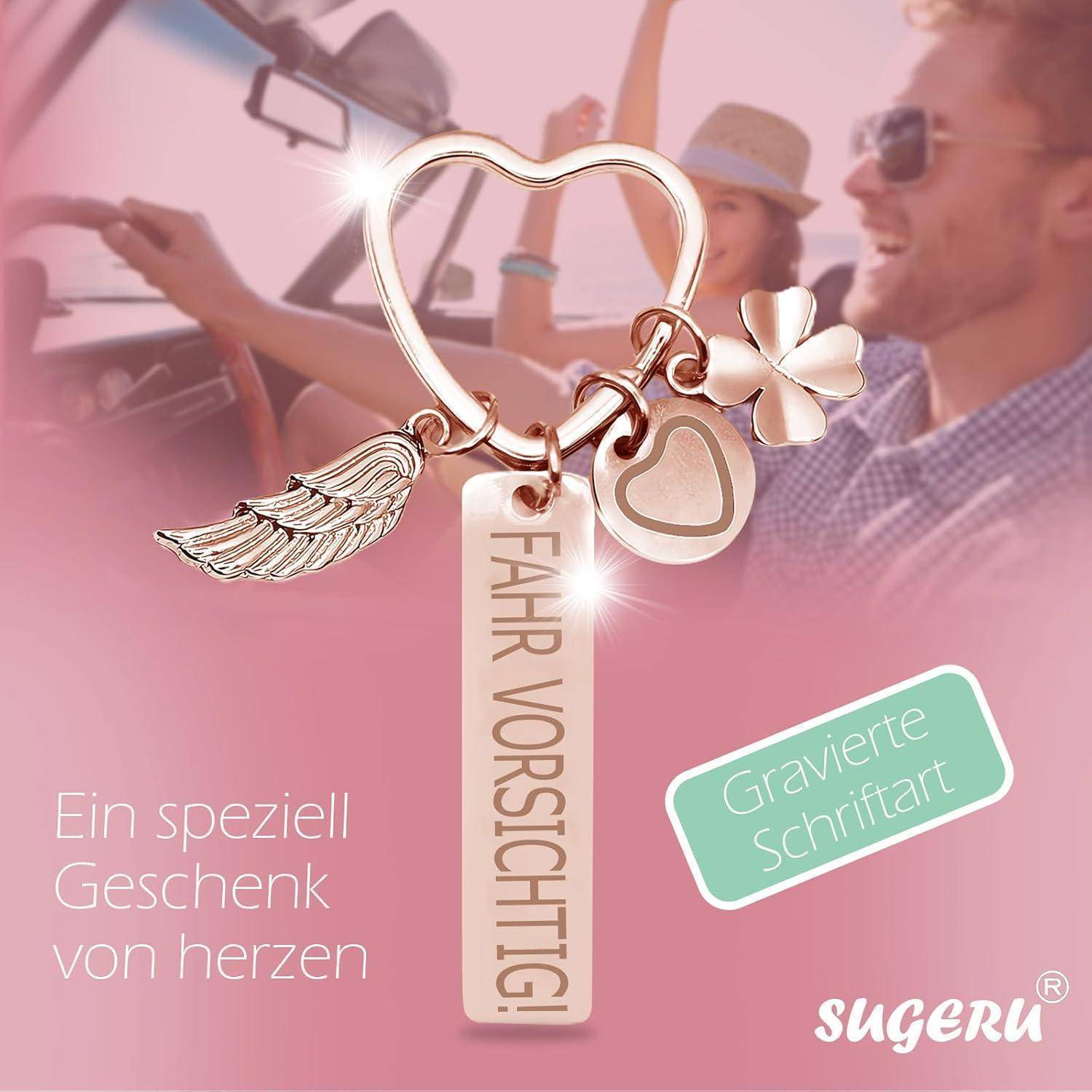 Schlüsselanhänger Herz Gravur Rosé-fahr Vorischtig!
