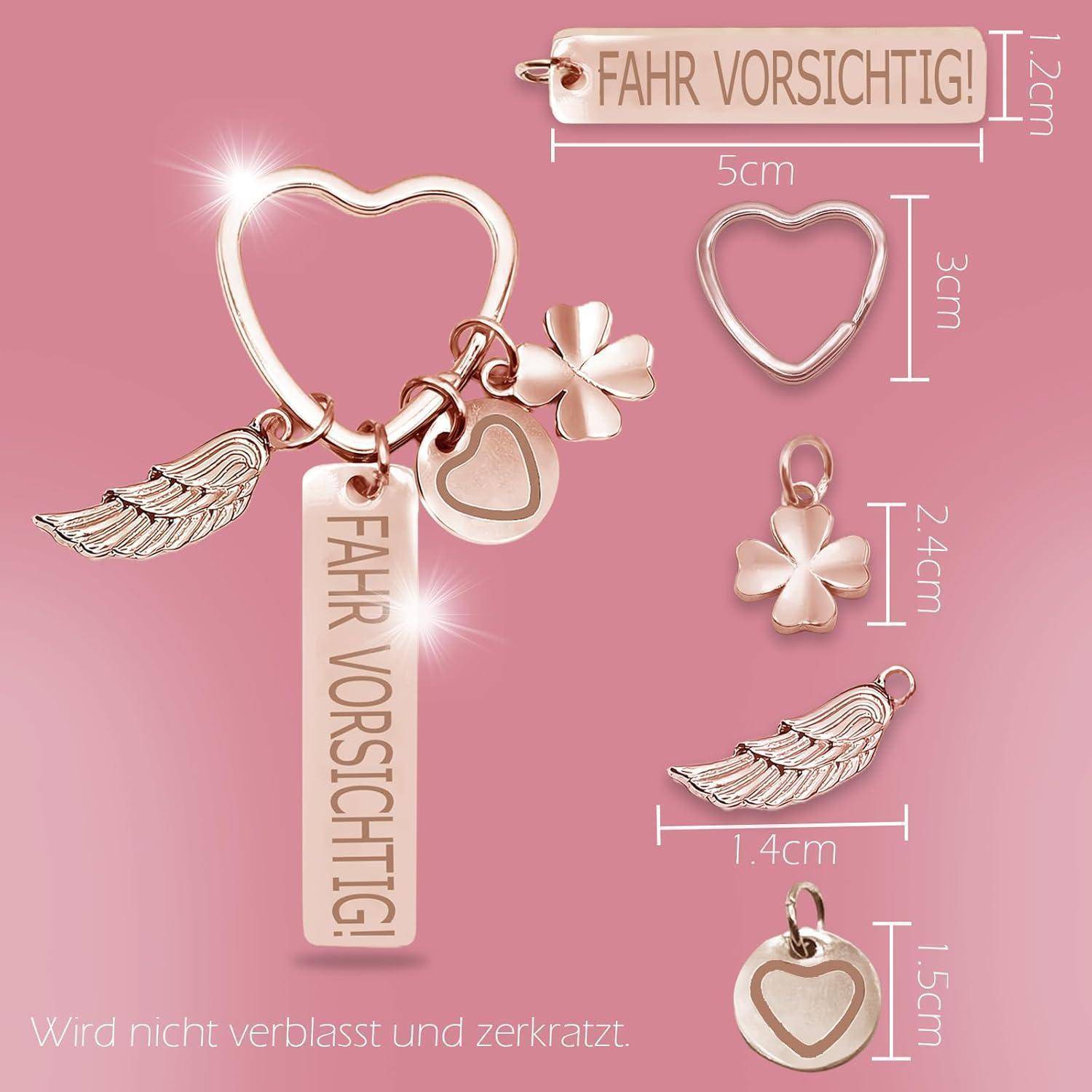 Schlüsselanhänger Herz Gravur Rosé-fahr Vorischtig!