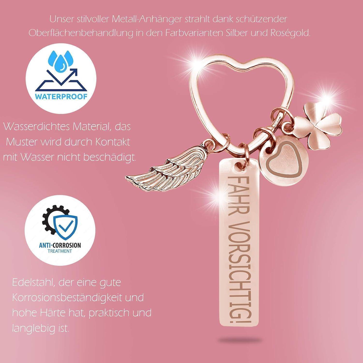 Schlüsselanhänger Herz Gravur Rosé-fahr Vorischtig!