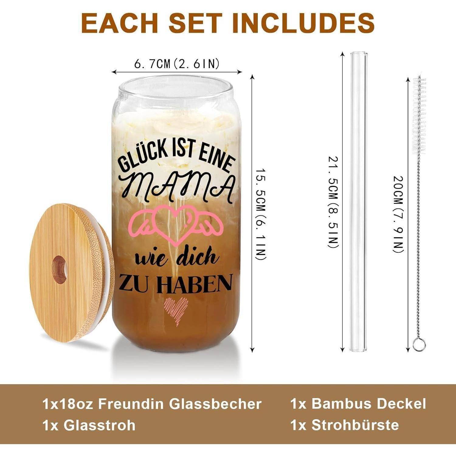 Sechsteiliges Set beinhaltet ein Glas mit deutschem Text, Bambusdeckel, Glasstrohhalm und Strohreinigungsbürste. Abmessungen werden für jedes Einzelteil angegeben.