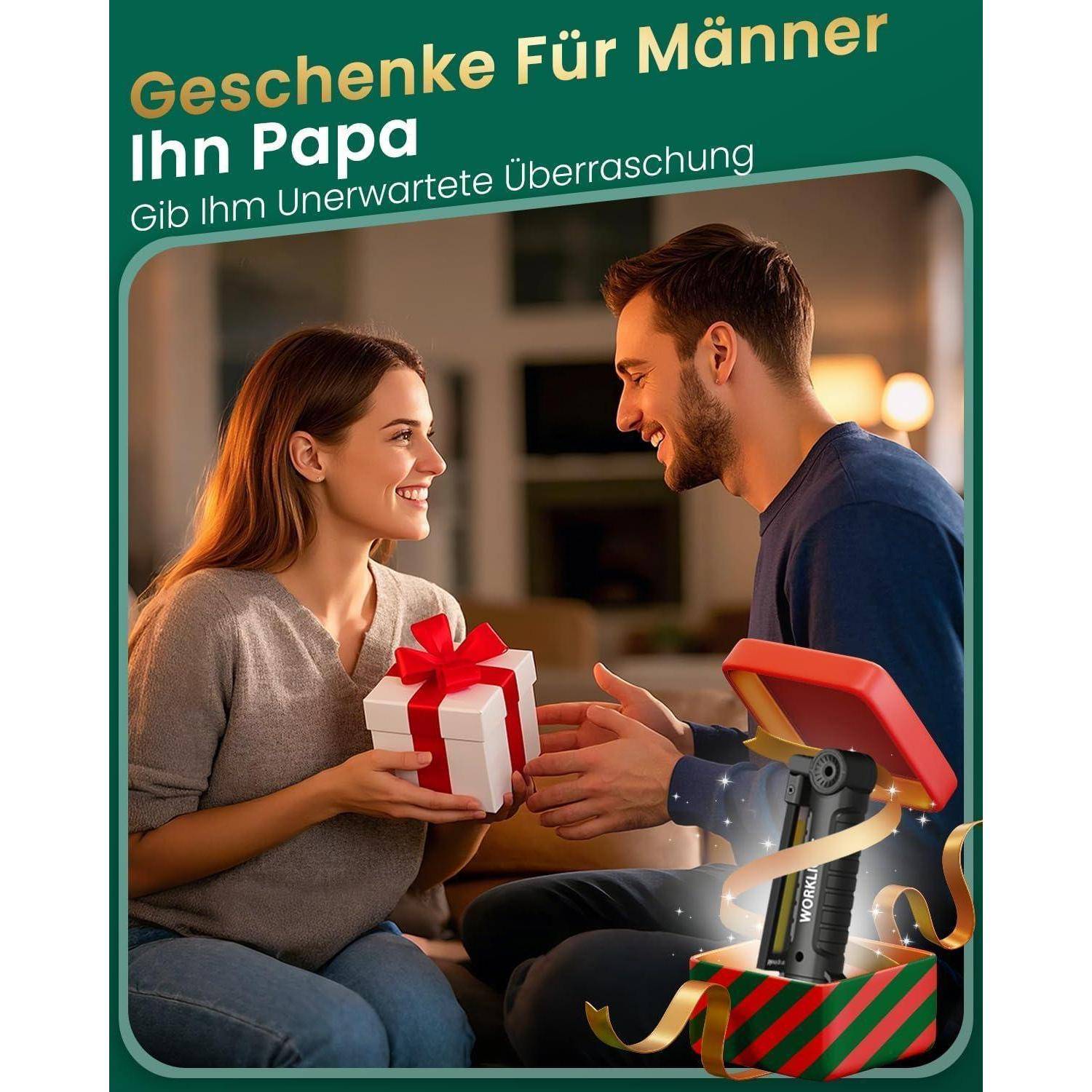 Ein Mann überreicht einer Frau ein verpacktes Geschenk, während er lächelt. Der Text lautet 'Geschenke Für Männer Ihn Papa - Gib Ihm Unerwartete Überraschung'.