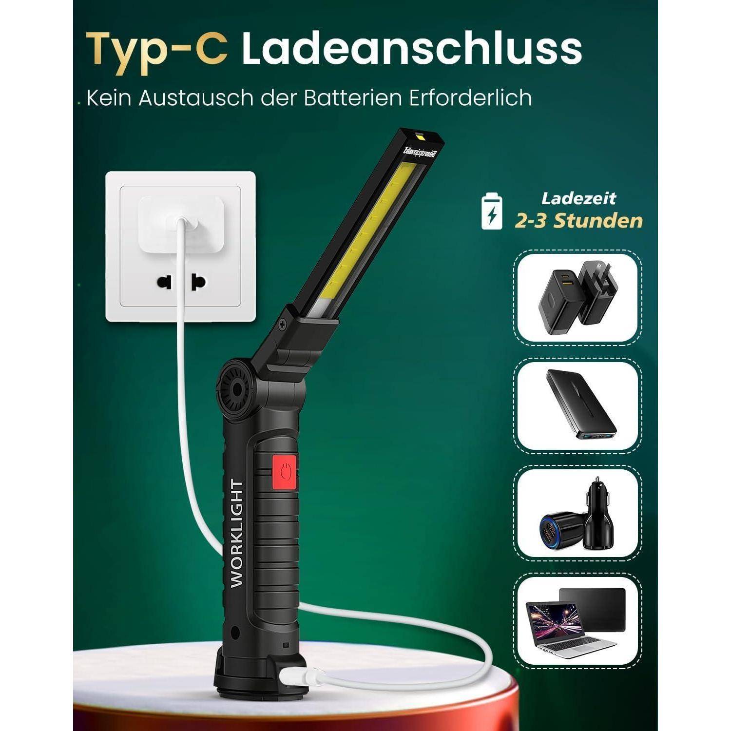 Eine Arbeitsleuchte wird über ein Type-C-Kabel geladen, das in eine Wandsteckdose eingesteckt ist. Der Text besagt „Keine Batterieersatz erforderlich