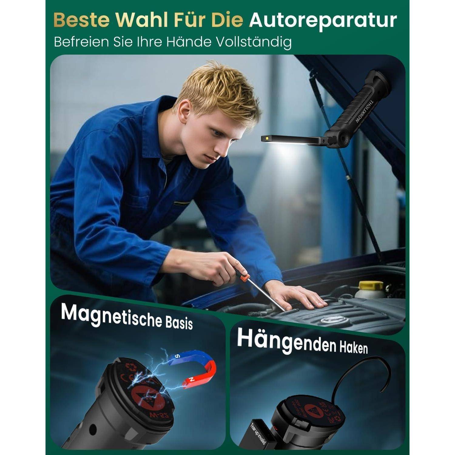 Ein Mechaniker repariert einen Motor mit einer Lampe, die über eine magnetische Basis und einen Aufhängehaken verfügt. Deutsche Werbung preist sie als optimales Autoreparaturwerkzeug an.