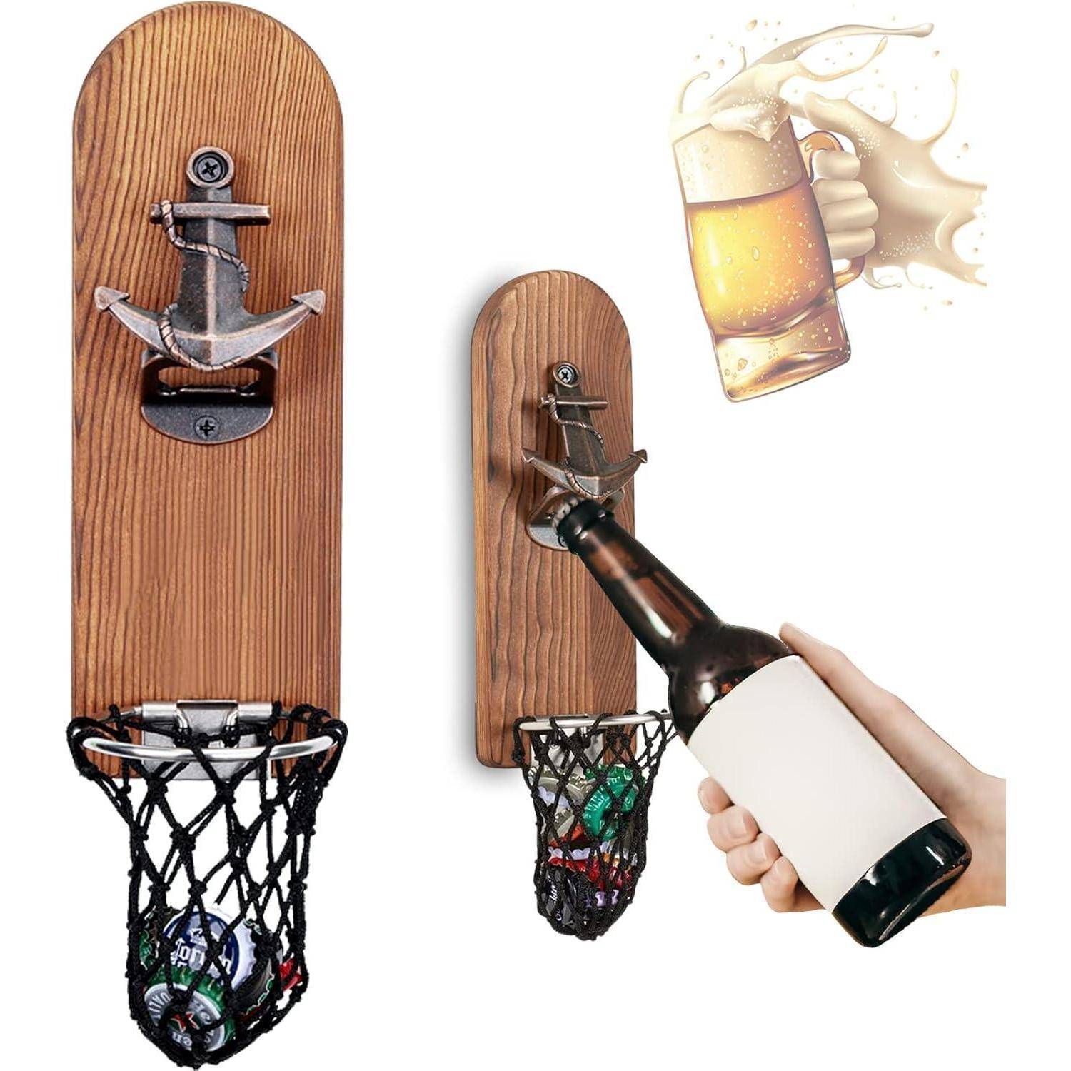 Wandmontierter Flaschenöffner mit Anker-Design und Netz zum Auffangen von Kronkorken. Hand, die eine Bierflasche öffnet; illustrierte Bierglas-Ikone darüber.