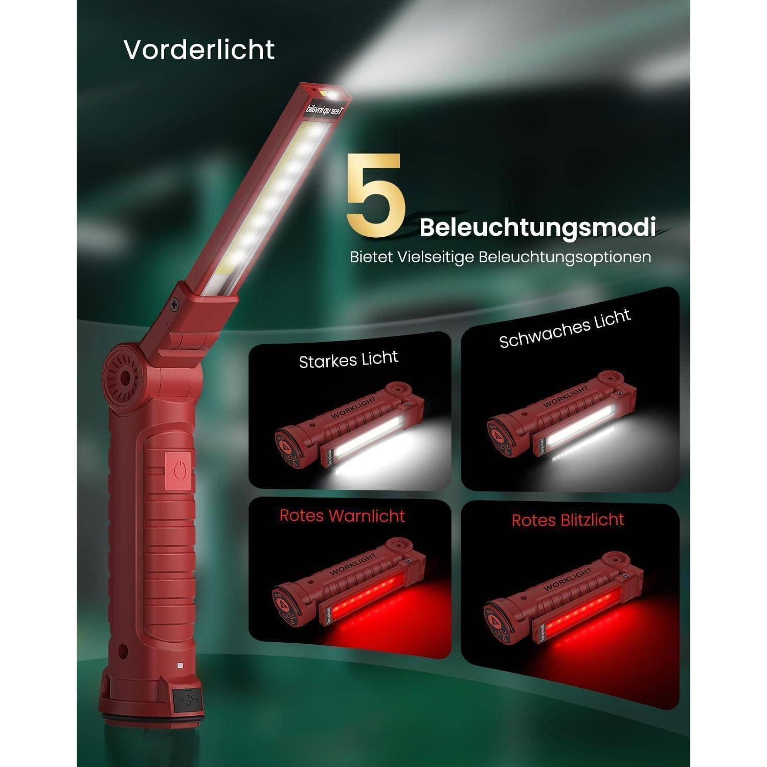 Eine rote multifunktionale Taschenlampe wird gezeigt mit fünf Beleuchtungsmodi: starkes Licht, schwaches Licht, rotes Warnlicht und rotes Blinklicht.