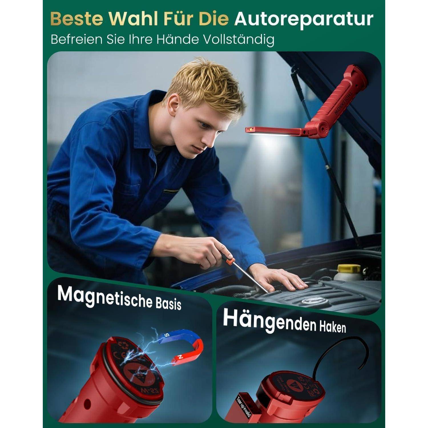 Eine Person in einem blauen Hemd repariert einen Automotor mithilfe einer Arbeitsleuchte mit hervorgehobenen Eigenschaften: magnetische Basis und Aufhängehaken. Deutscher Text bewirbt die Autoreparatur.