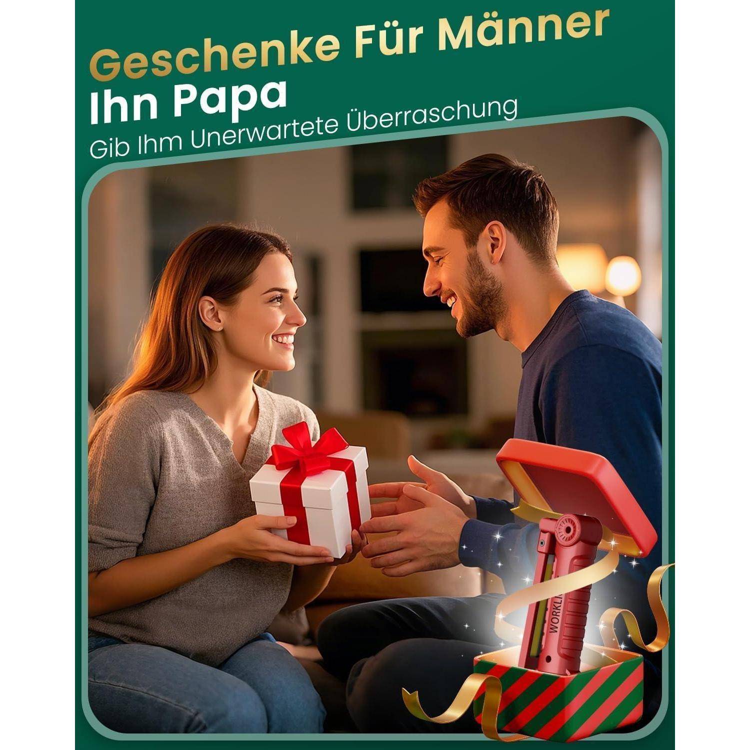 Eine Frau und ein Mann tauschen ein Geschenk aus und lächeln einander in einem gemütlichen Wohnambiente. Das Geschenk ist mit einer roten Schleife verpackt.