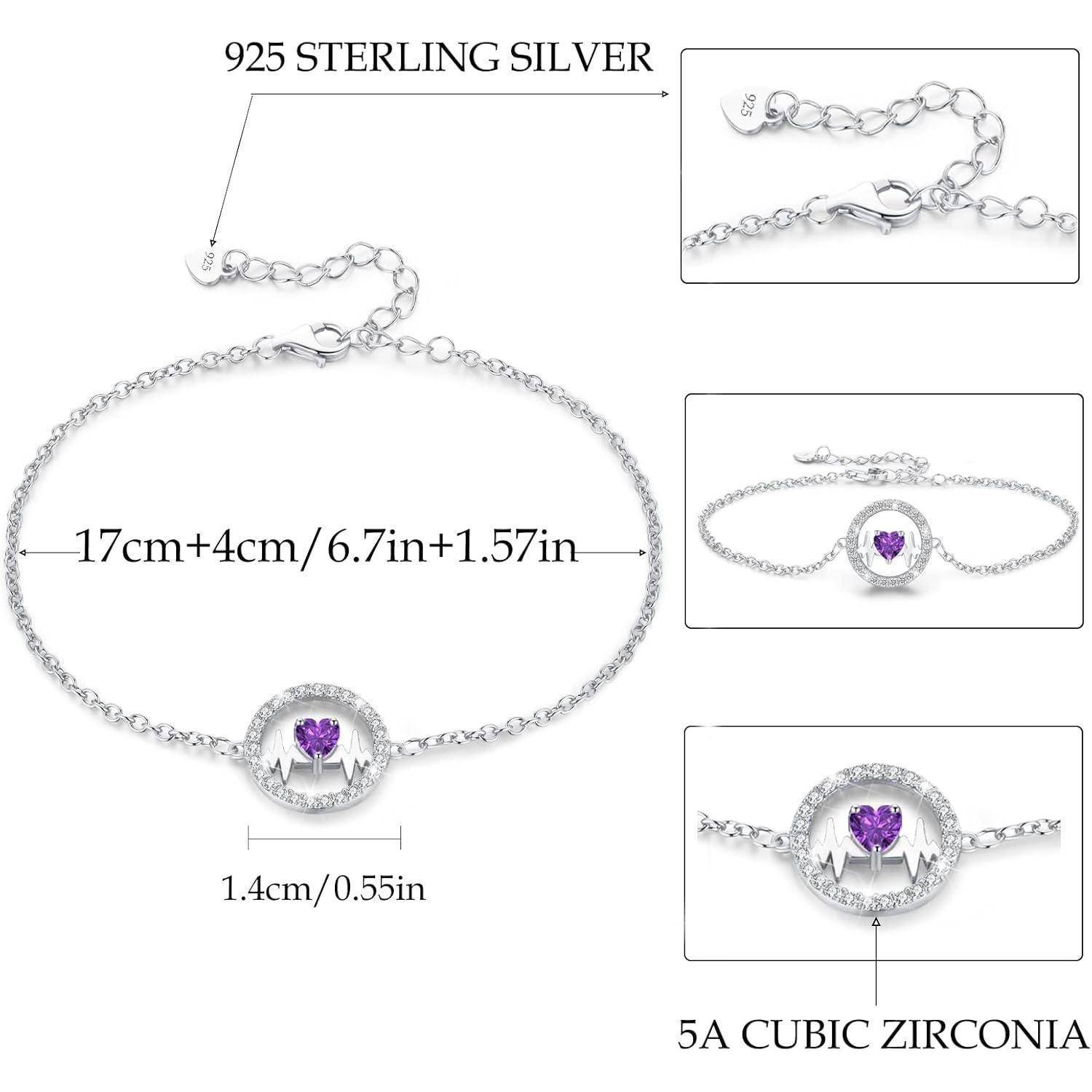 Silberarmband aus Sterling-Silber mit einem lila Zirkonia-Herz, verstellbare Länge von 17-25 cm. Kette und Herzdetail werden in Nahaufnahmen gezeigt.