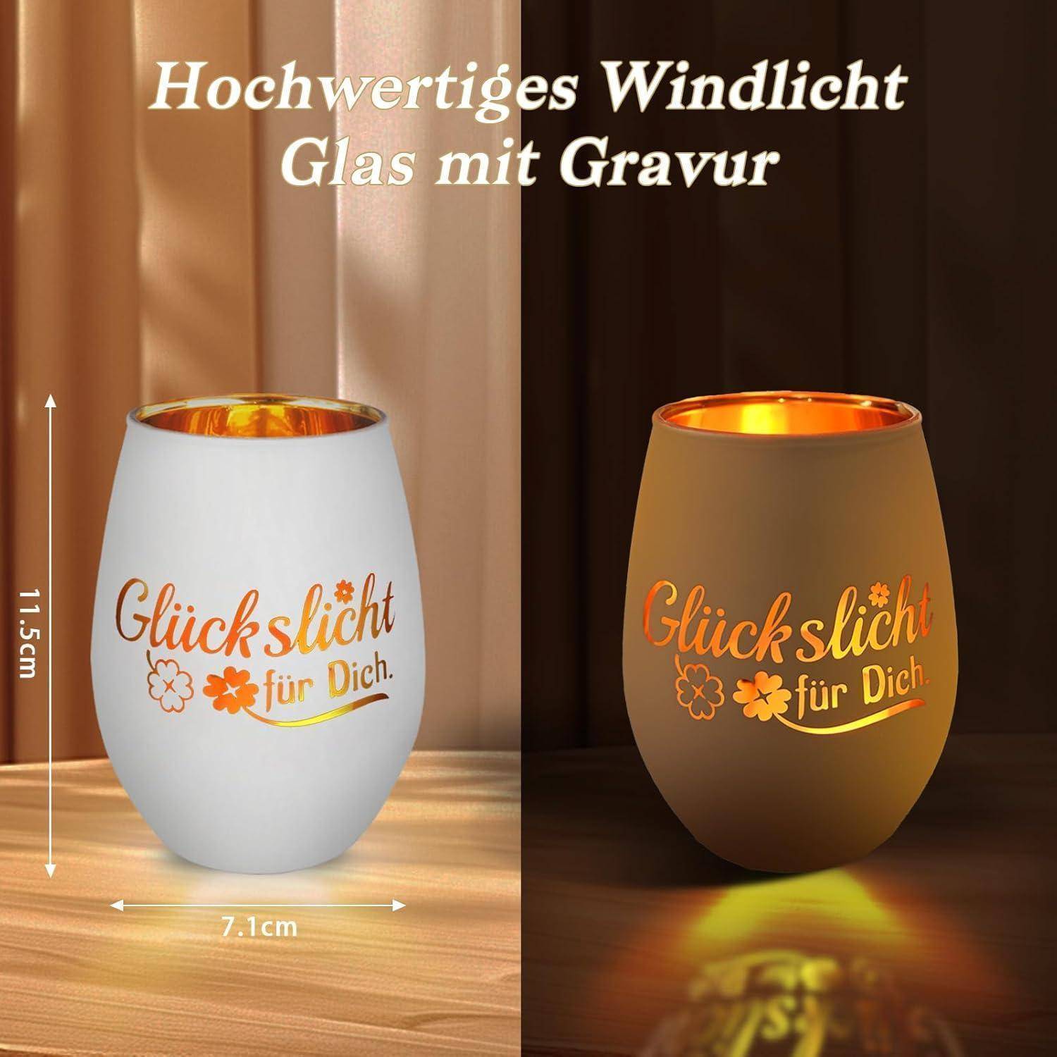 Windlicht Teelichthalter Glas Gravur Geschenk Glückslicht – Weiß 2