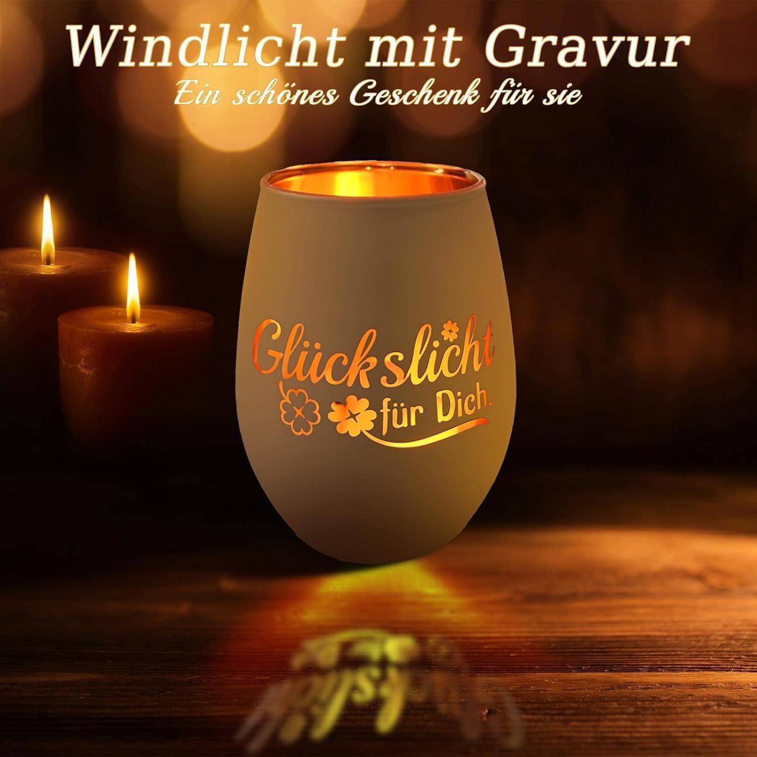Windlicht Teelichthalter Glas Gravur Geschenk Glückslicht – Weiß 2