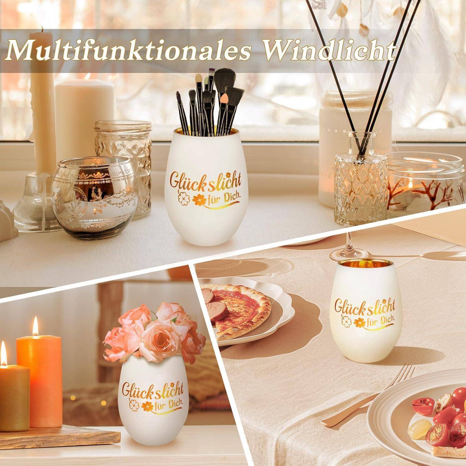 Windlicht Teelichthalter Glas Gravur Geschenk Glückslicht – Weiß 2