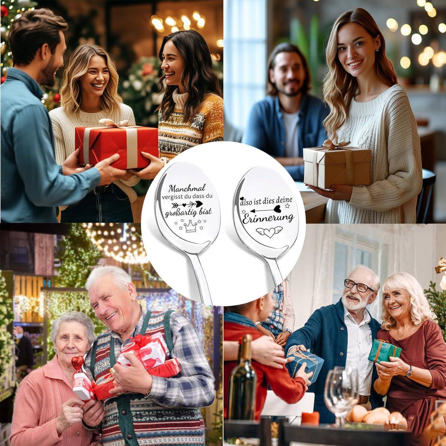 Menschen, die sich in einer festlichen Umgebung Geschenke austauschen. Zwei gravierte Löffel sind vorhanden: 