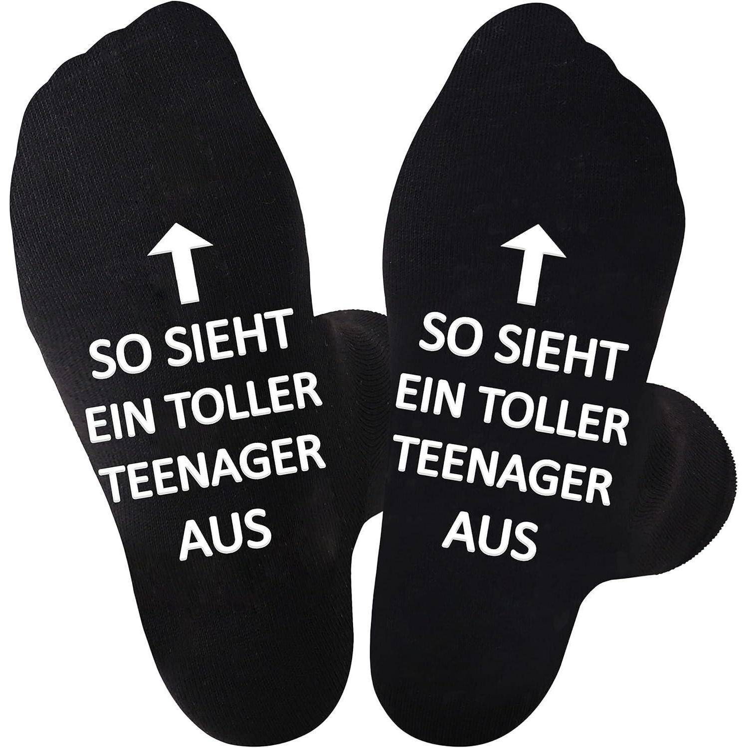 Zwei schwarze Socken mit Text, der 