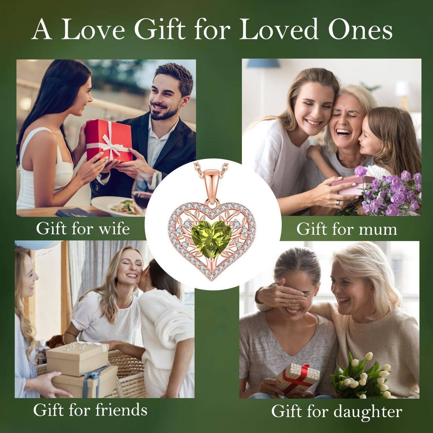Ein Liebesgeschenk für Geliebte' zeigt vier Fotos: Geschenke an die Ehefrau, Mutter, Freunde und Tochter; in der Mitte mit einem herzförmigen Anhänger.
