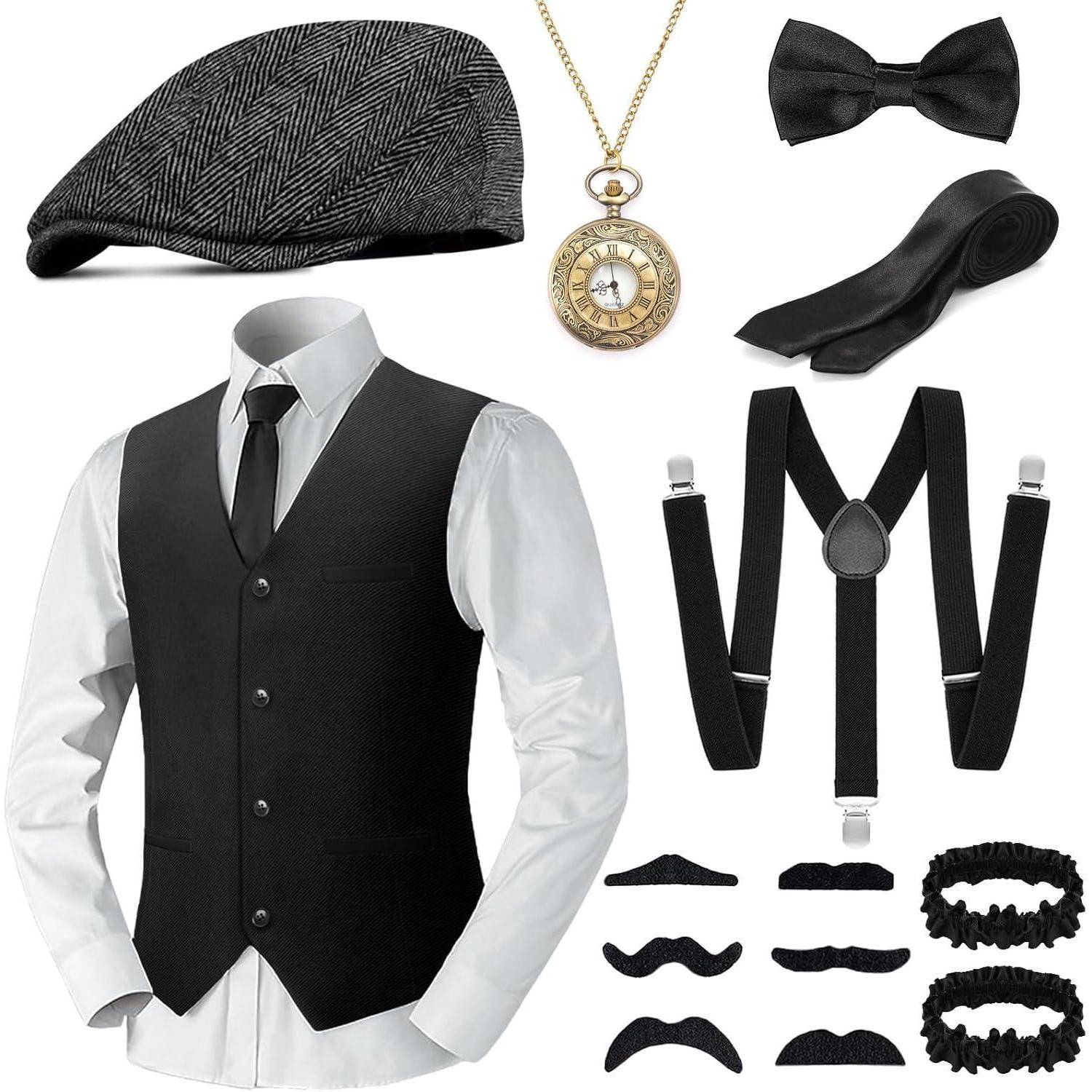 Herren-Vintage-Kostümset mit weißem Hemd, schwarzer Weste, Krawatte, Fliege, Hosenträgern, Schiebermütze, Taschenuhr und Zubehör.