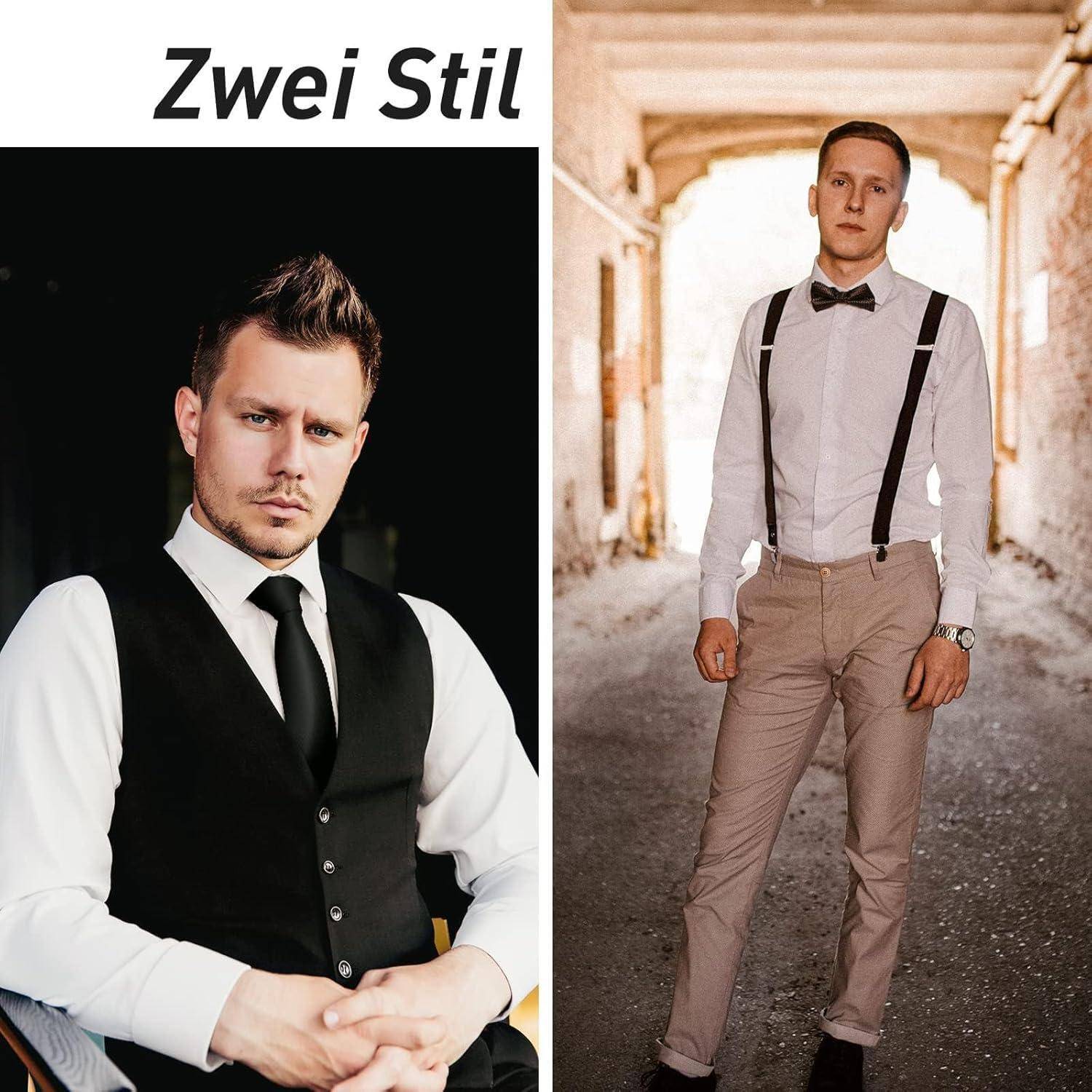 Zwei Männer in formeller Kleidung. Links: sitzend, trägt eine Anzugsjacke und eine Weste. Rechts: stehend, trägt ein weißes Hemd mit Hosenträgern. Text lautet 
